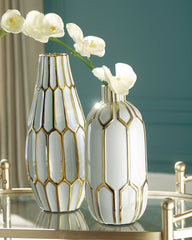 Prime Furniture - Ashley Furniture - Mohsen Vase - Vase Set (Set of 2) / Gold Finish/White - A2000135