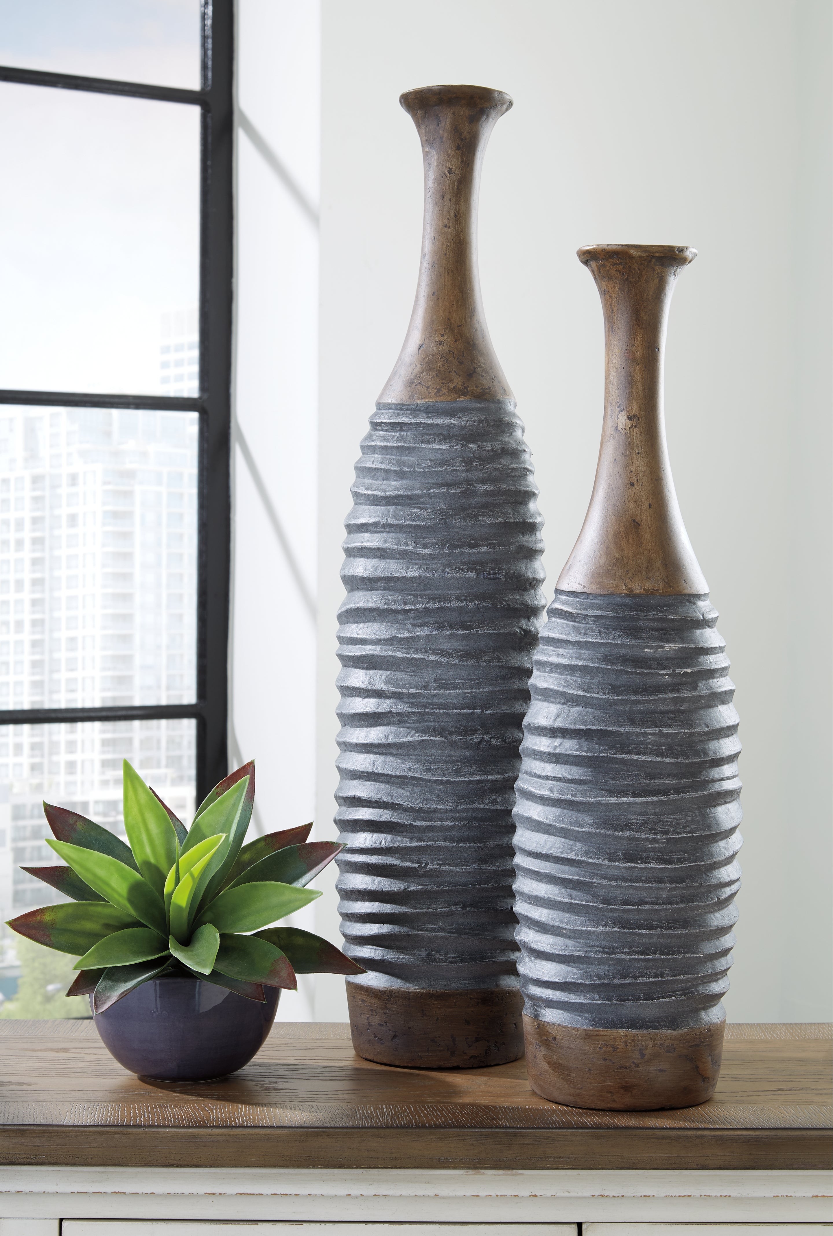 Prime Furniture - Ashley Furniture - Blayze Vase - Vase Set (Set of 2) / Antique Gray/Brown - A2000388