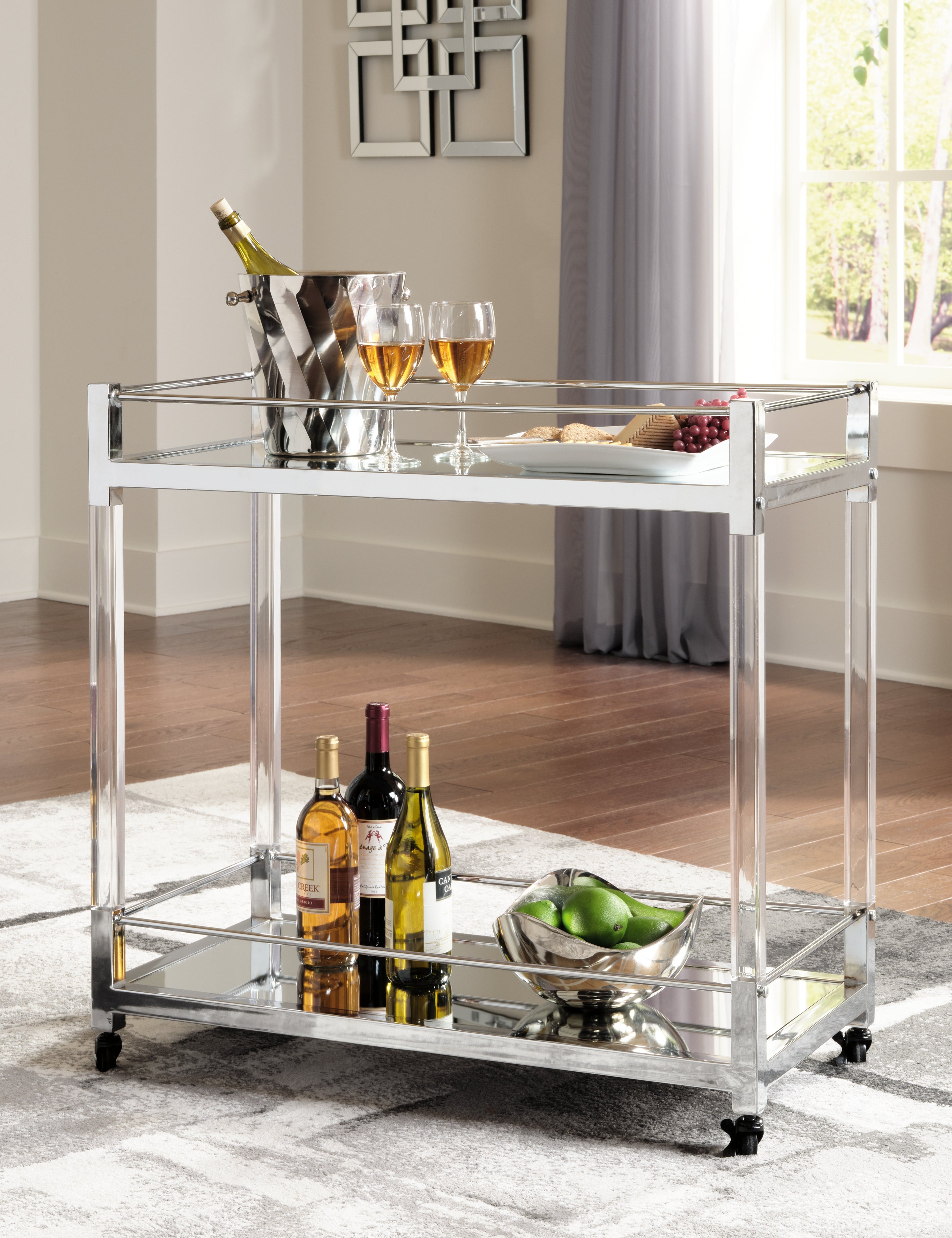 Prime Furniture - Ashley Furniture - Chaseton Bar Cart - Bar Cart / Clear/Silver Finish - A4000501