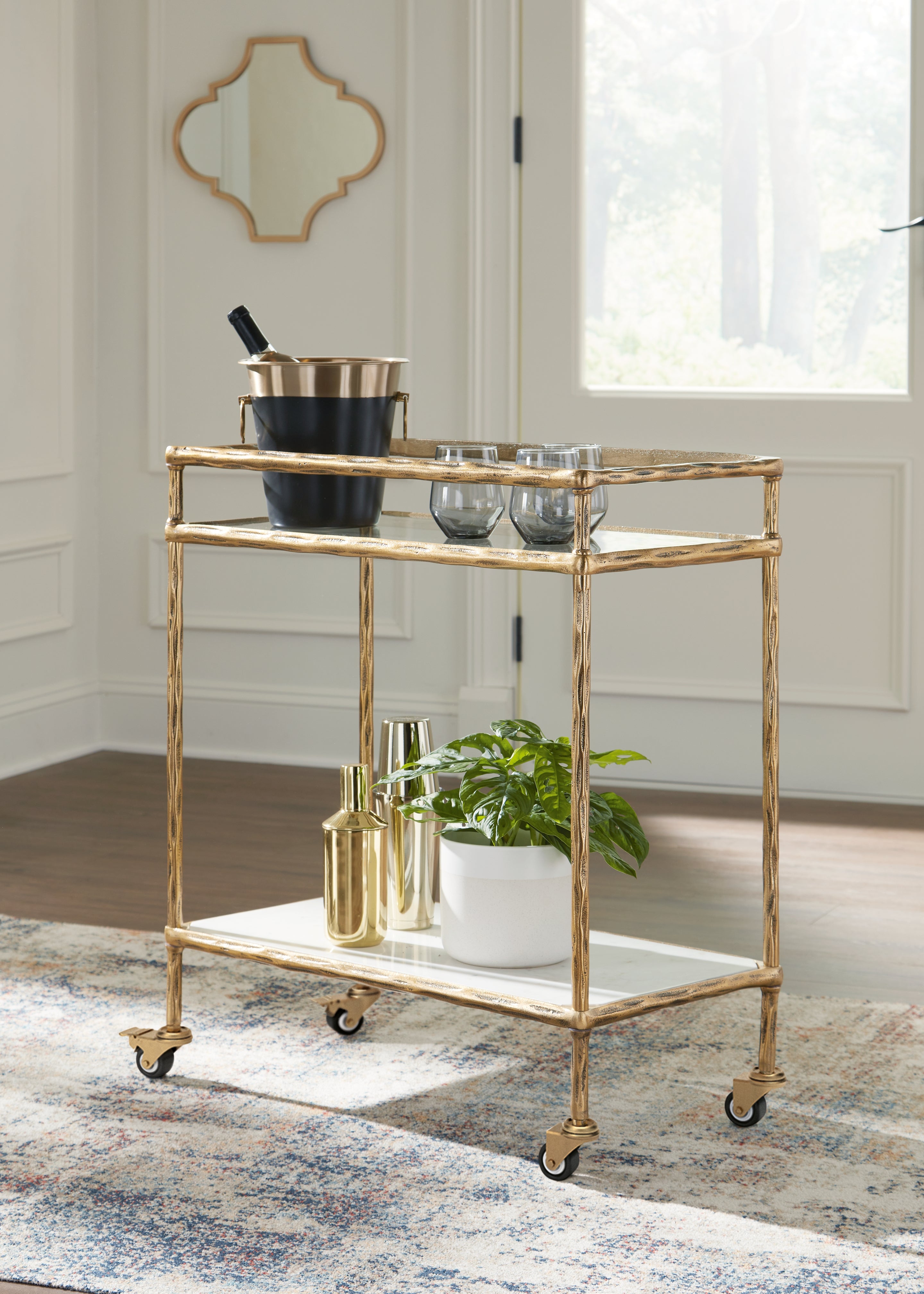 Prime Furniture - Ashley Furniture - Plattfield Bar Cart - Bar Cart / Antique Gold Finish - A4000625