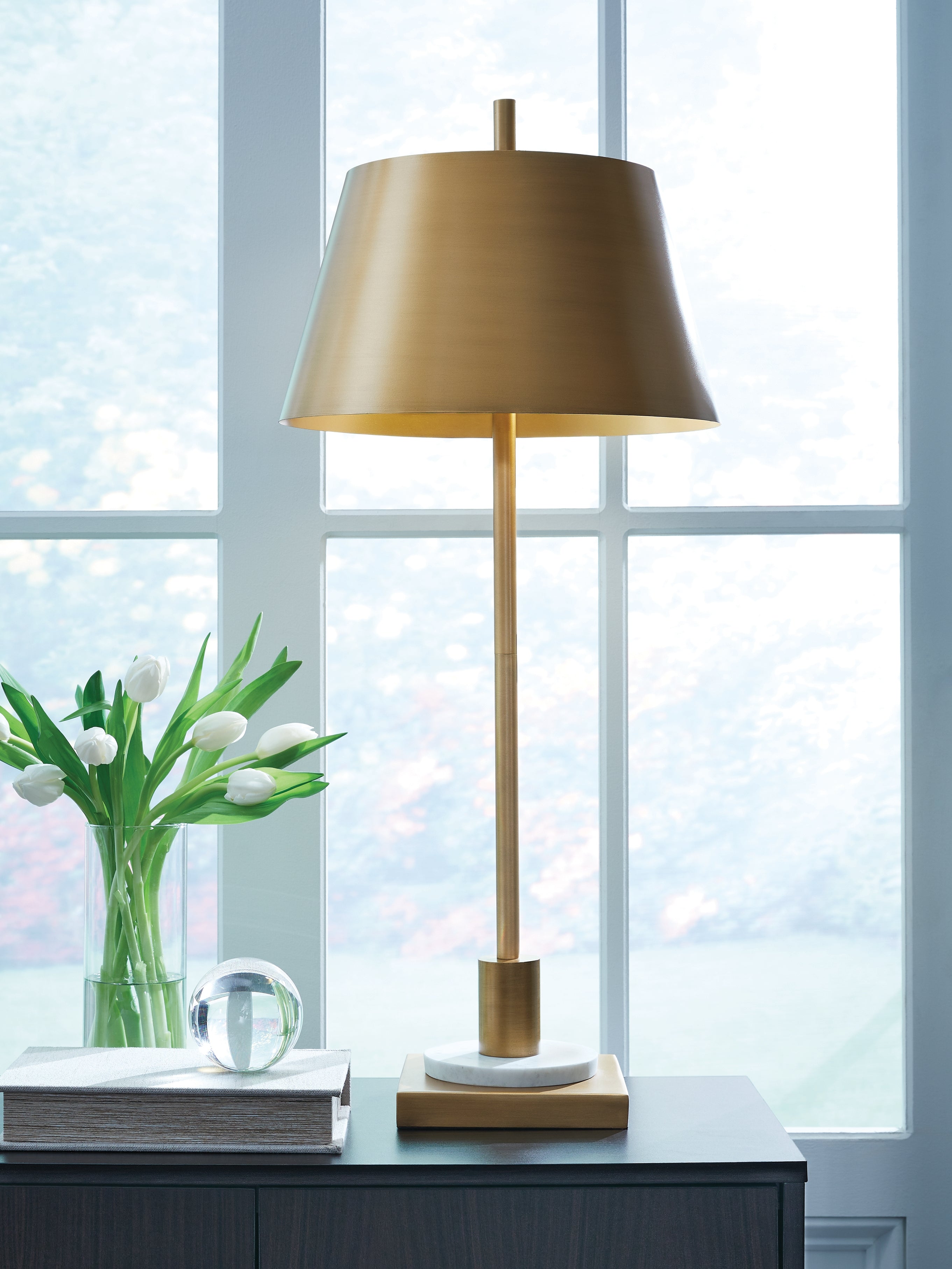 Prime Furniture - Ashley Furniture - Fritzburn Lighting - Metal Table Lamp (1/CN) / Gold Finish/White - L208444