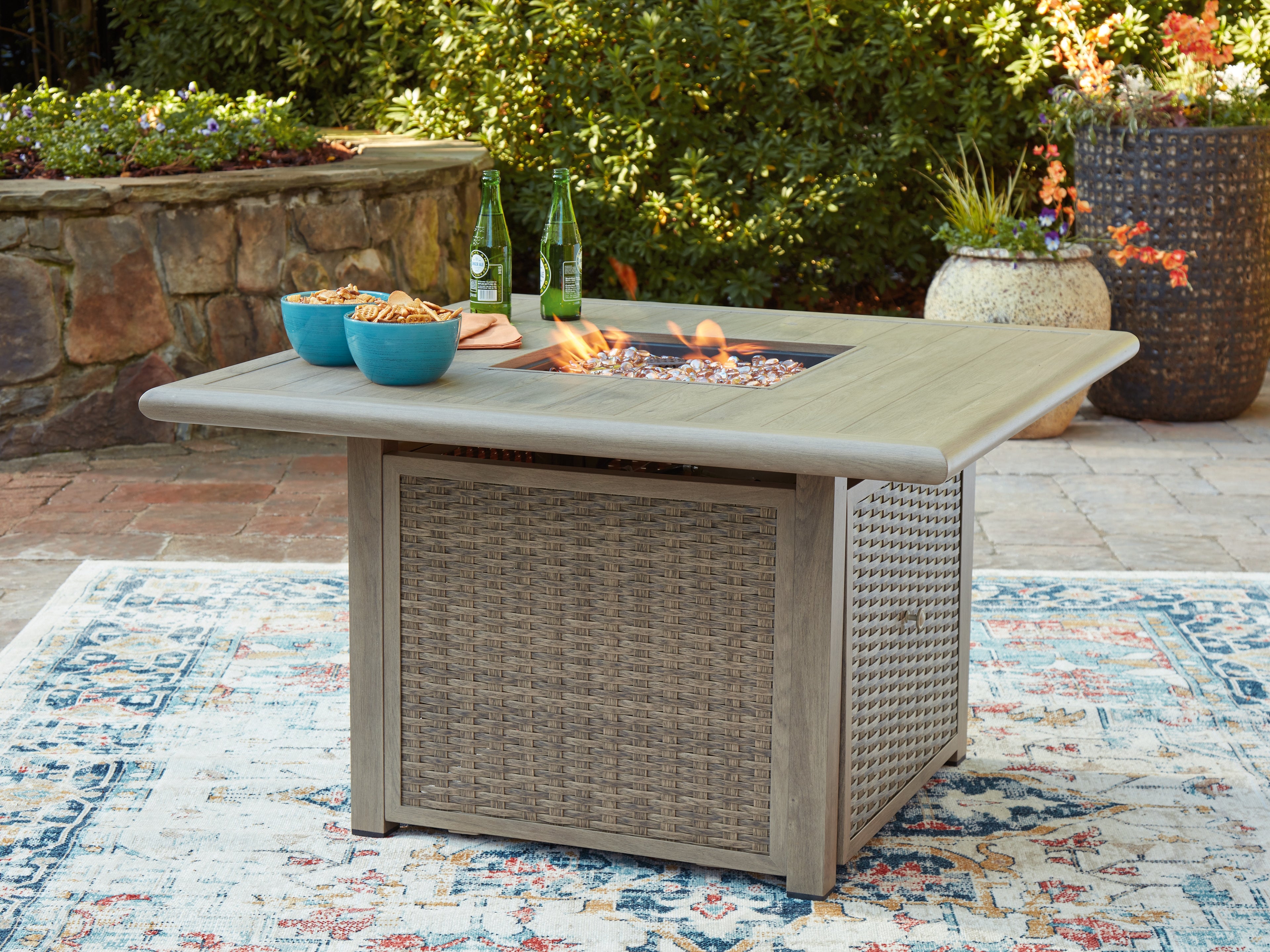Prime Furniture - Ashley Furniture - Cliff Trails Outdoor - Square Fire Pit Table / Beige - PCP690-772