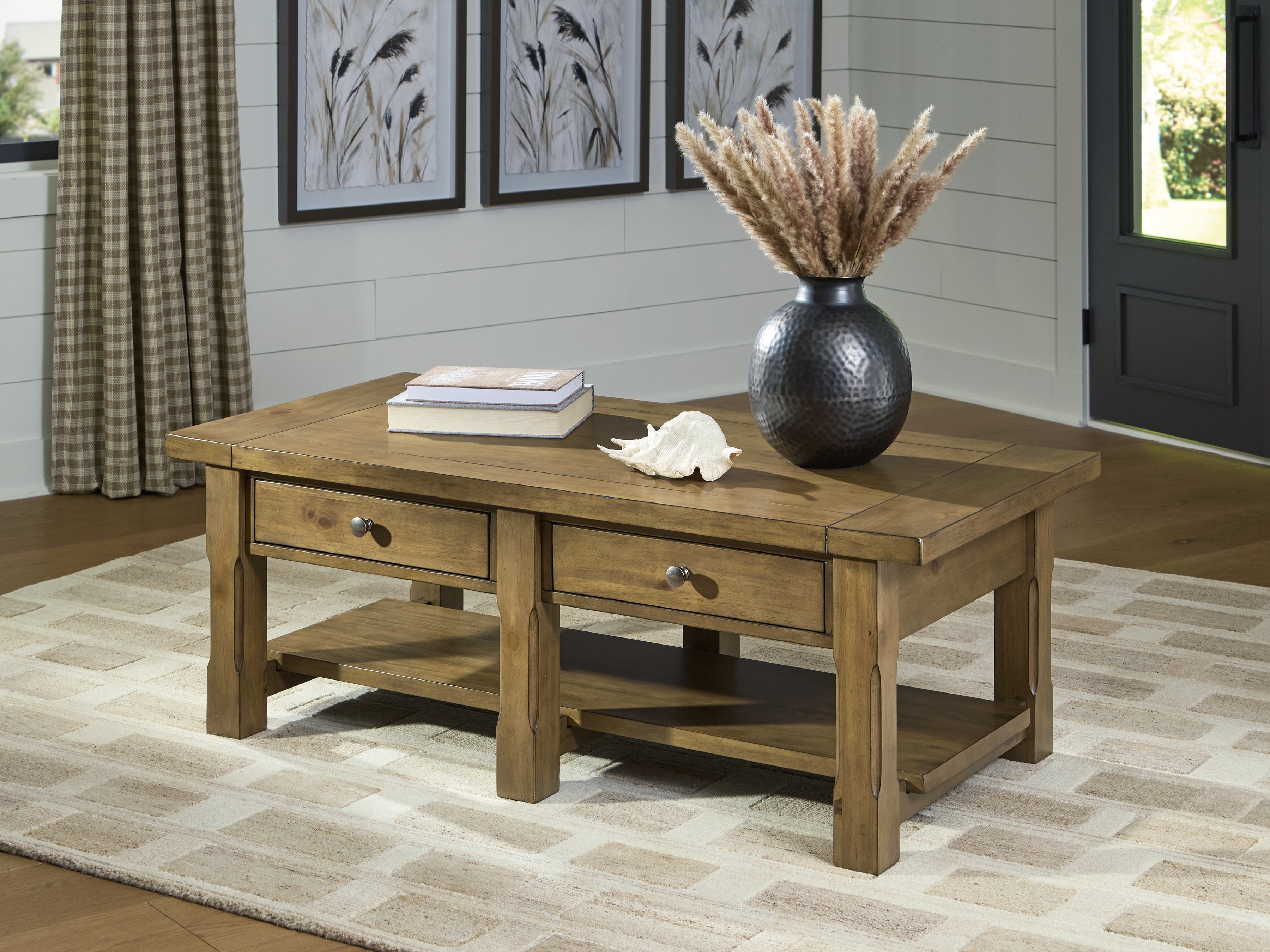 Prime Furniture - Ashley Furniture - Vandenmore Coffee Table - Rectangular Cocktail Table / Medium Brown - T539-1