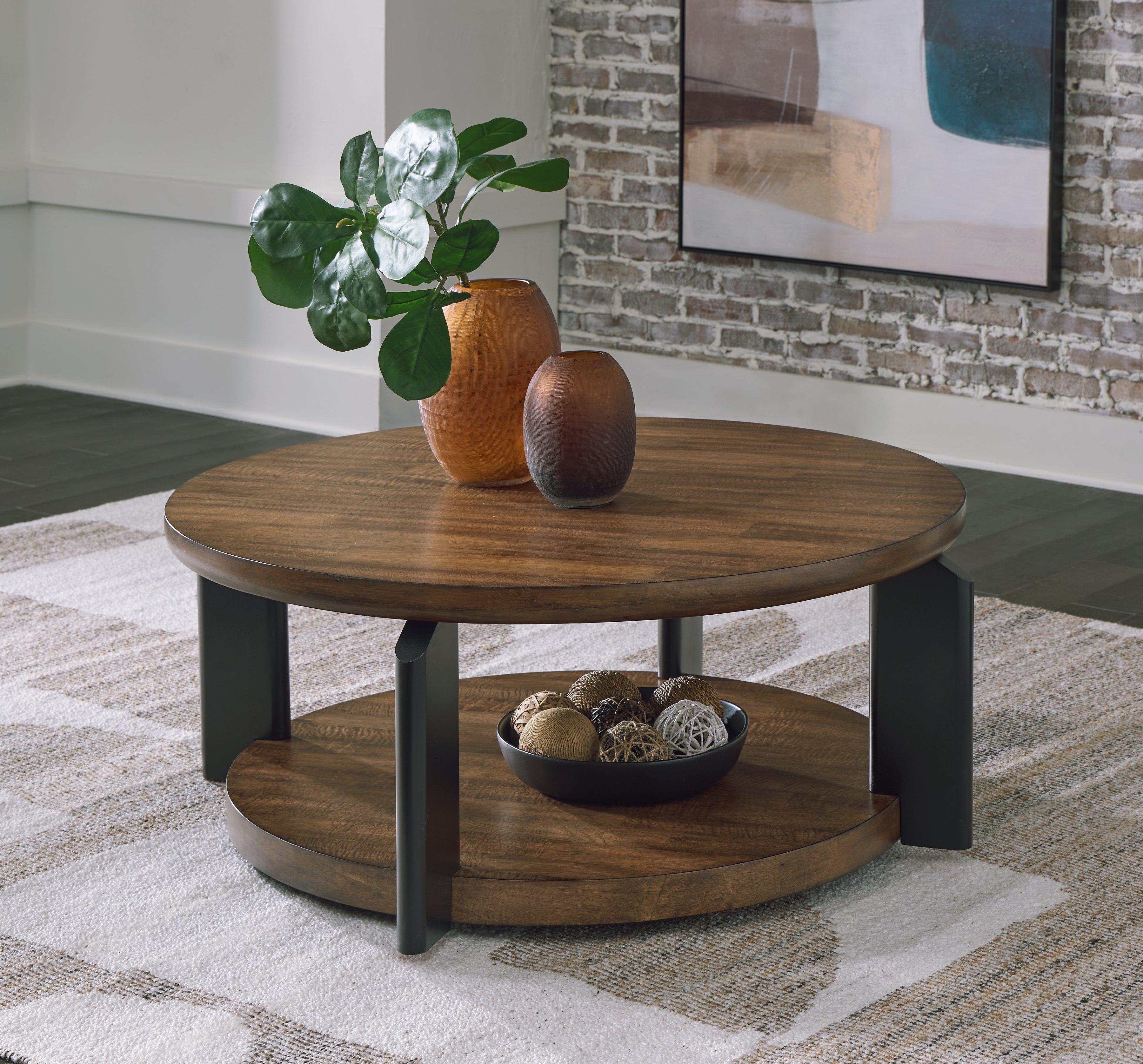 Prime Furniture - Ashley Furniture - Kraeburn Coffee Table - Round Cocktail Table / Brown/Black - T624-8