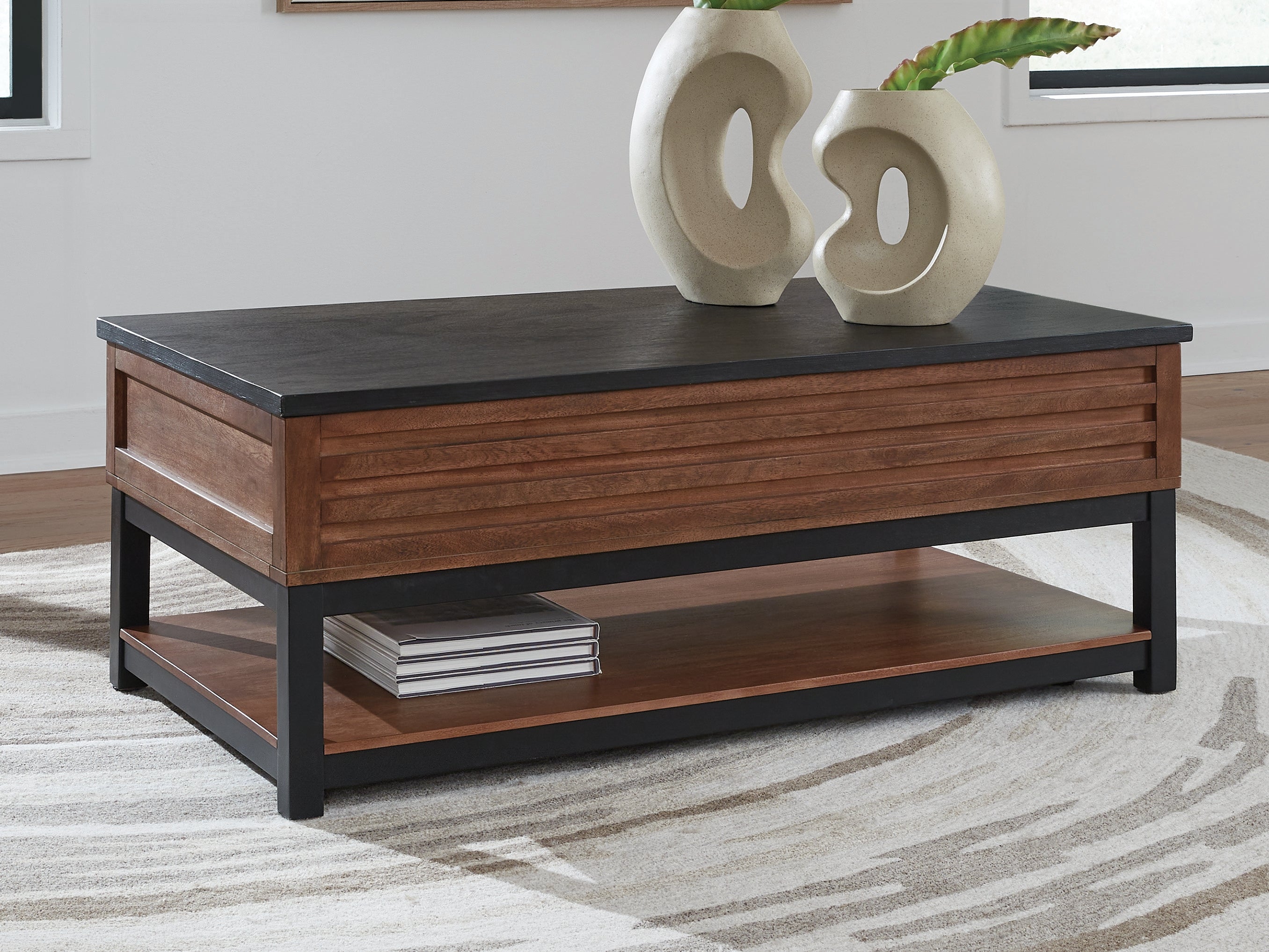 Prime Furniture - Ashley Furniture - Kallari Lift-Top Coffee Table - Lift Top Cocktail Table / Warm Brown/Black - T737-9