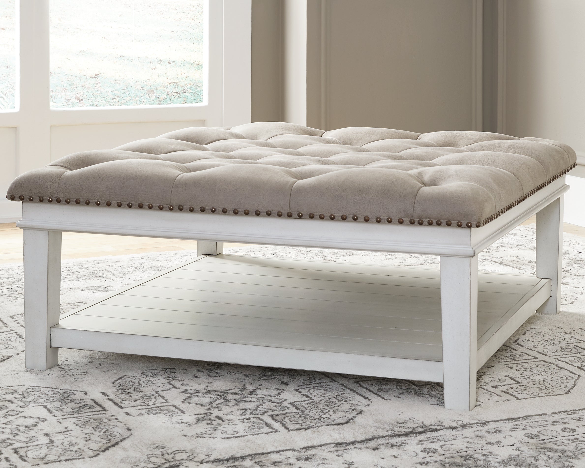 Prime Furniture - Ashley Furniture - Kanwyn Upholstered Ottoman Coffee Table - UPH Ottoman Cocktail Table / Whitewash - T937-21