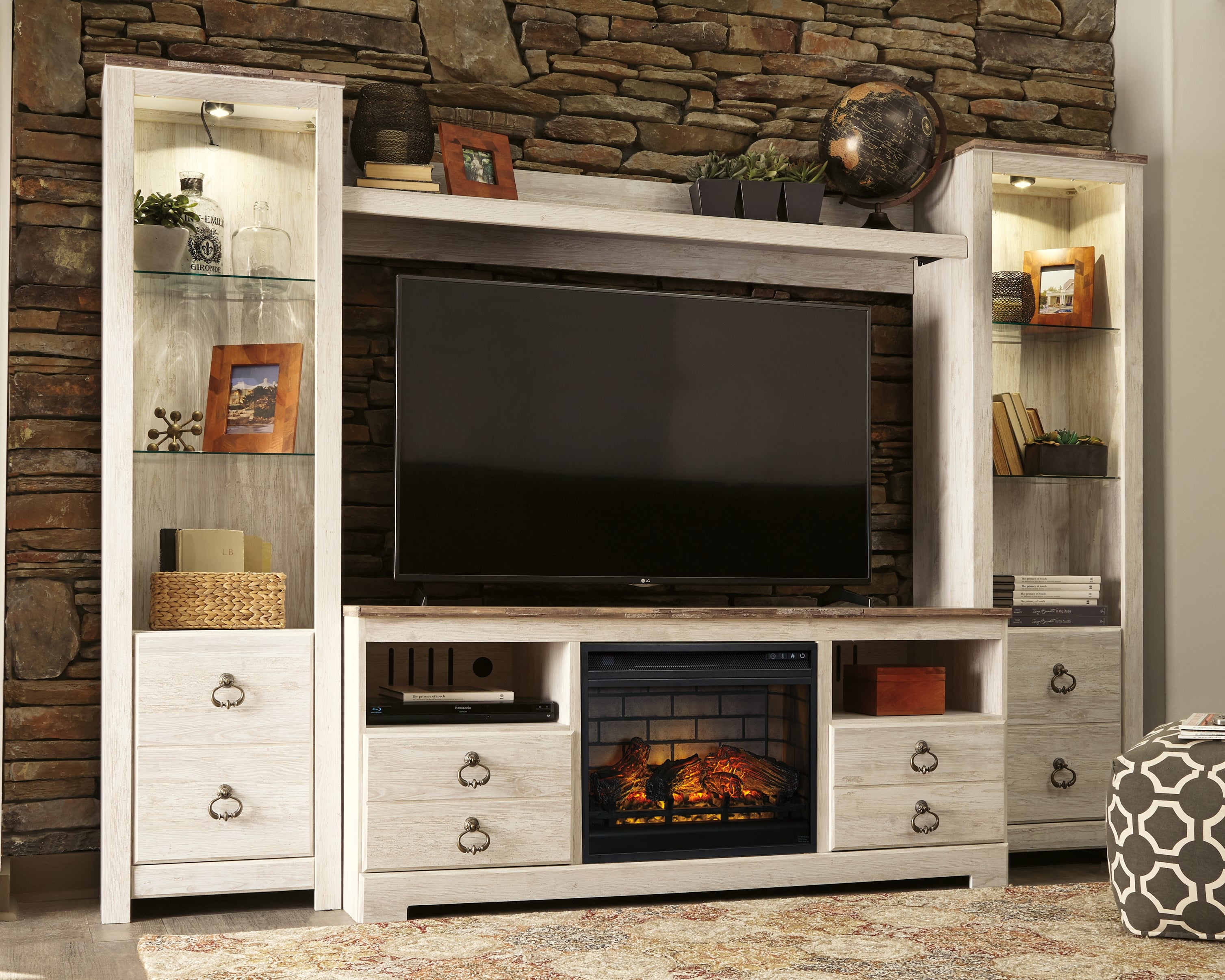 Prime Furniture - Ashley Furniture - Willowton 4-Piece Entertainment Center with Electric Fireplace - 4-Piece Entertainment Center with Electric Fireplace / Whitewash - W267W9