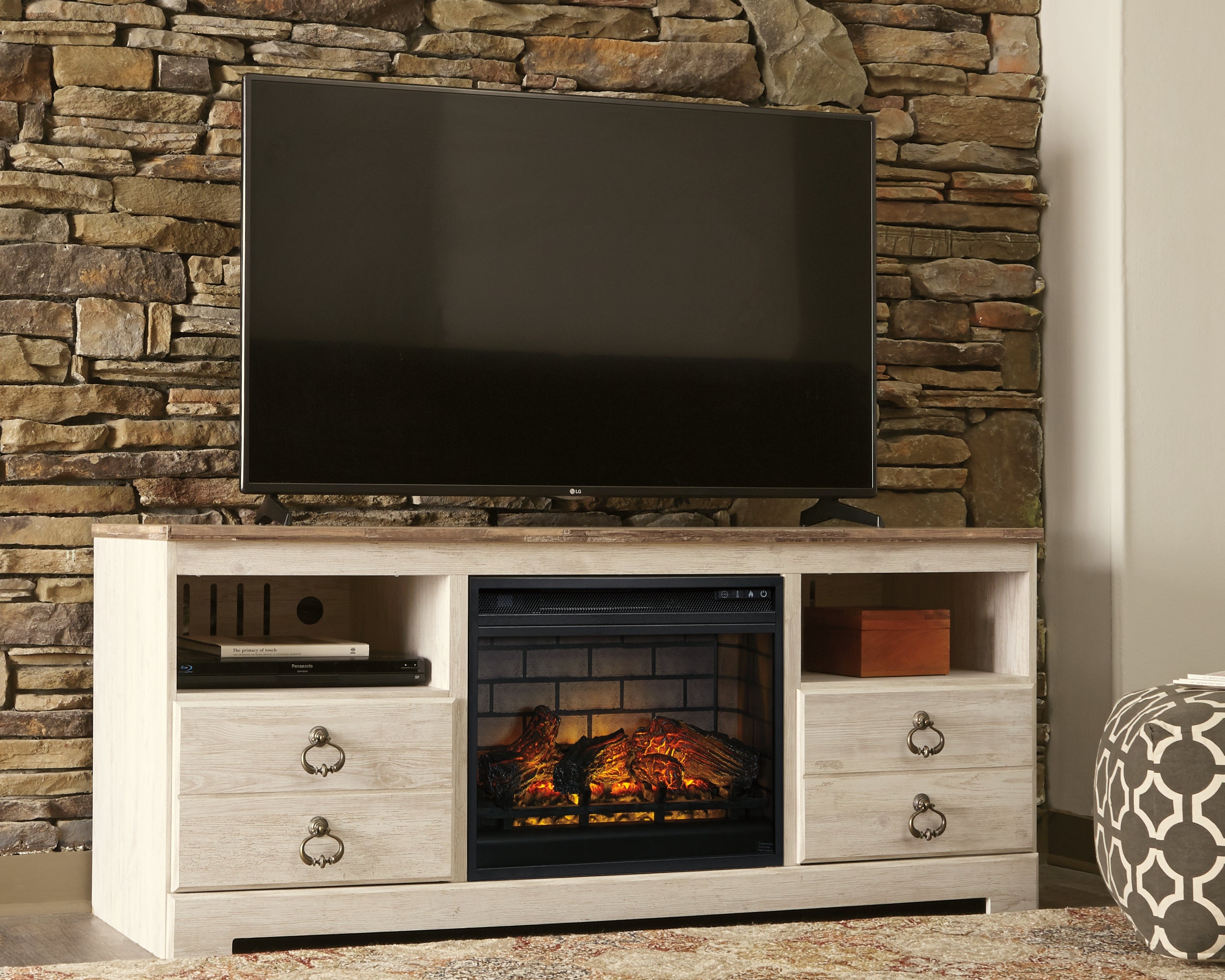 Prime Furniture - Ashley Furniture - Willowton 64" TV Stand with Electric Fireplace - 64" TV Stand with Electric Fireplace / Whitewash - W267W8