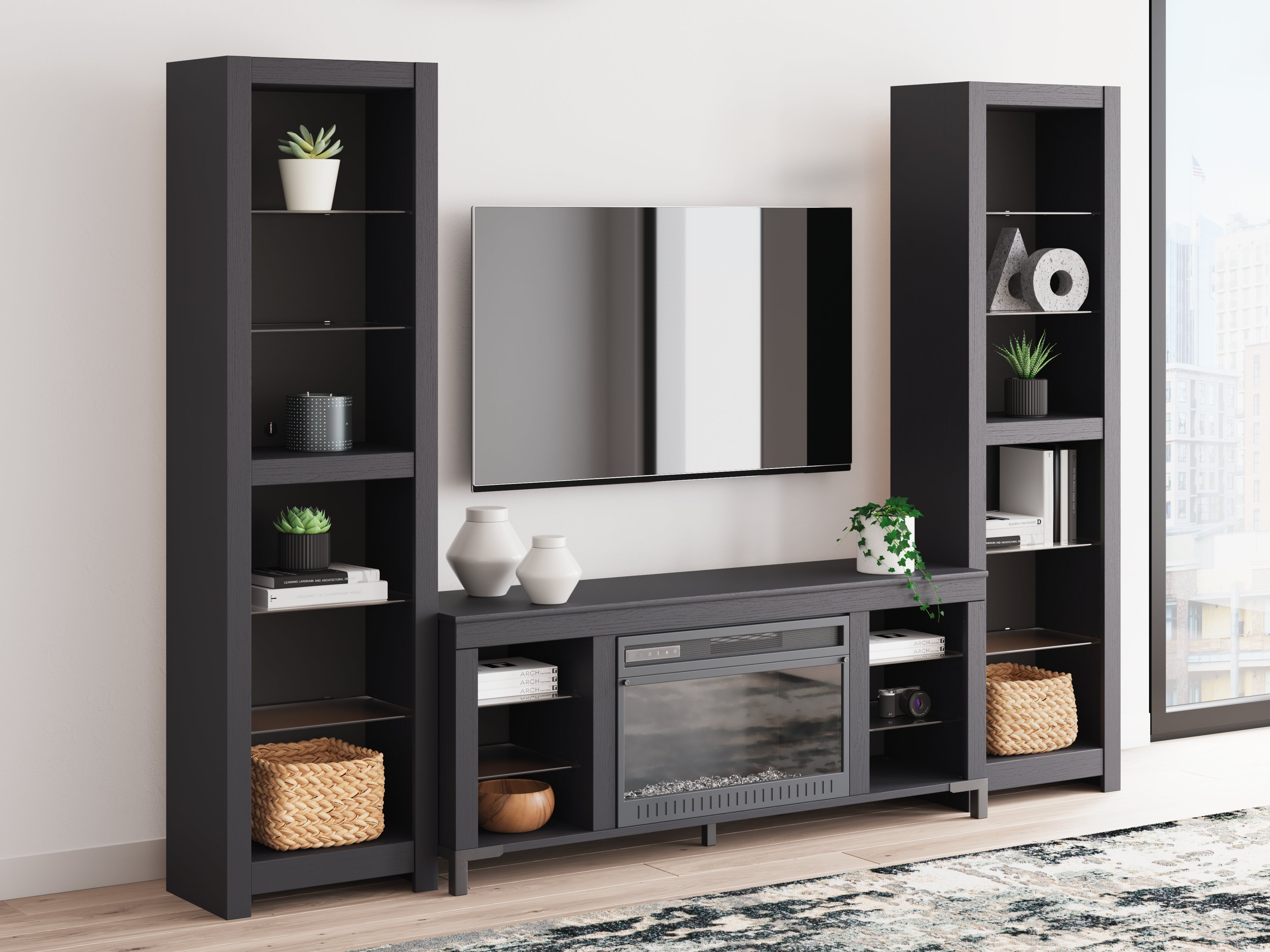 Prime Furniture - Ashley Furniture - Cayberry 3-Piece Entertainment Center with Electric Fireplace - 3-Piece Entertainment Center with Electric Fireplace / Black - W2721W2