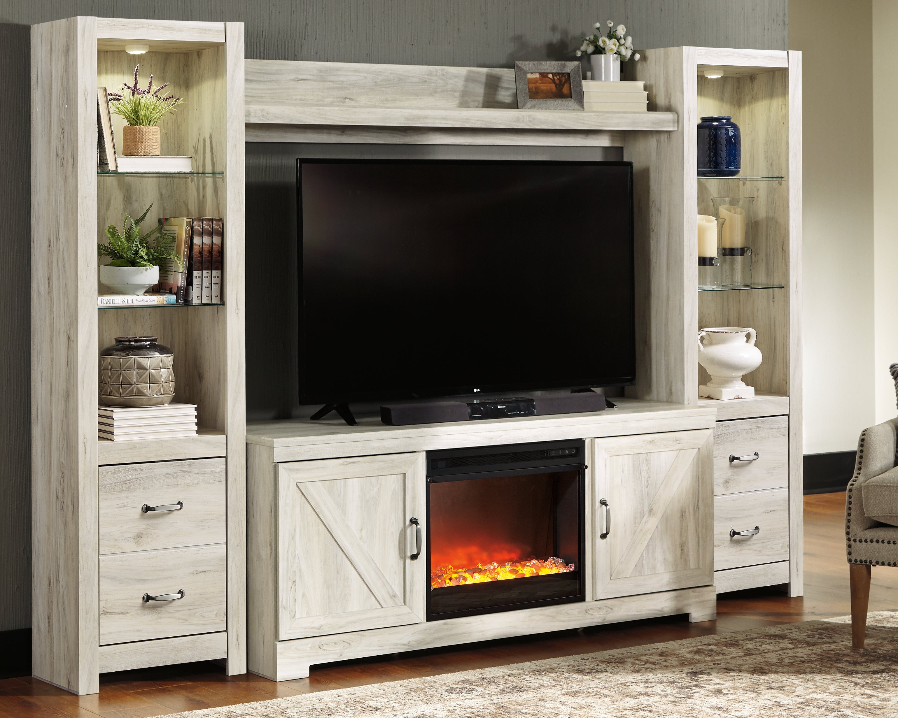 Prime Furniture - Ashley Furniture - Bellaby 4-Piece Entertainment Center with Fireplace - 4-Piece Entertainment Center with Fireplace / Whitewash - W331W5