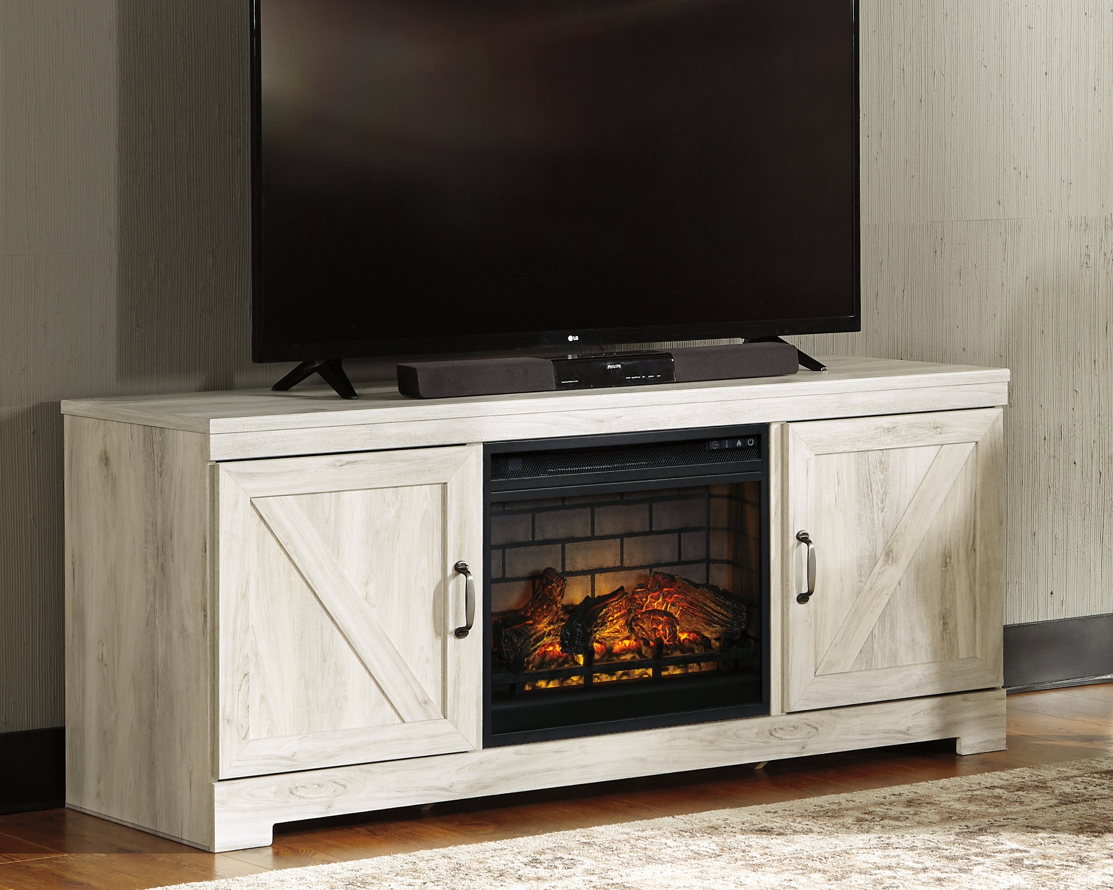 Prime Furniture - Ashley Furniture - Bellaby 63" TV Stand with Electric Fireplace - 63" TV Stand with Electric Fireplace / Whitewash - W331W9