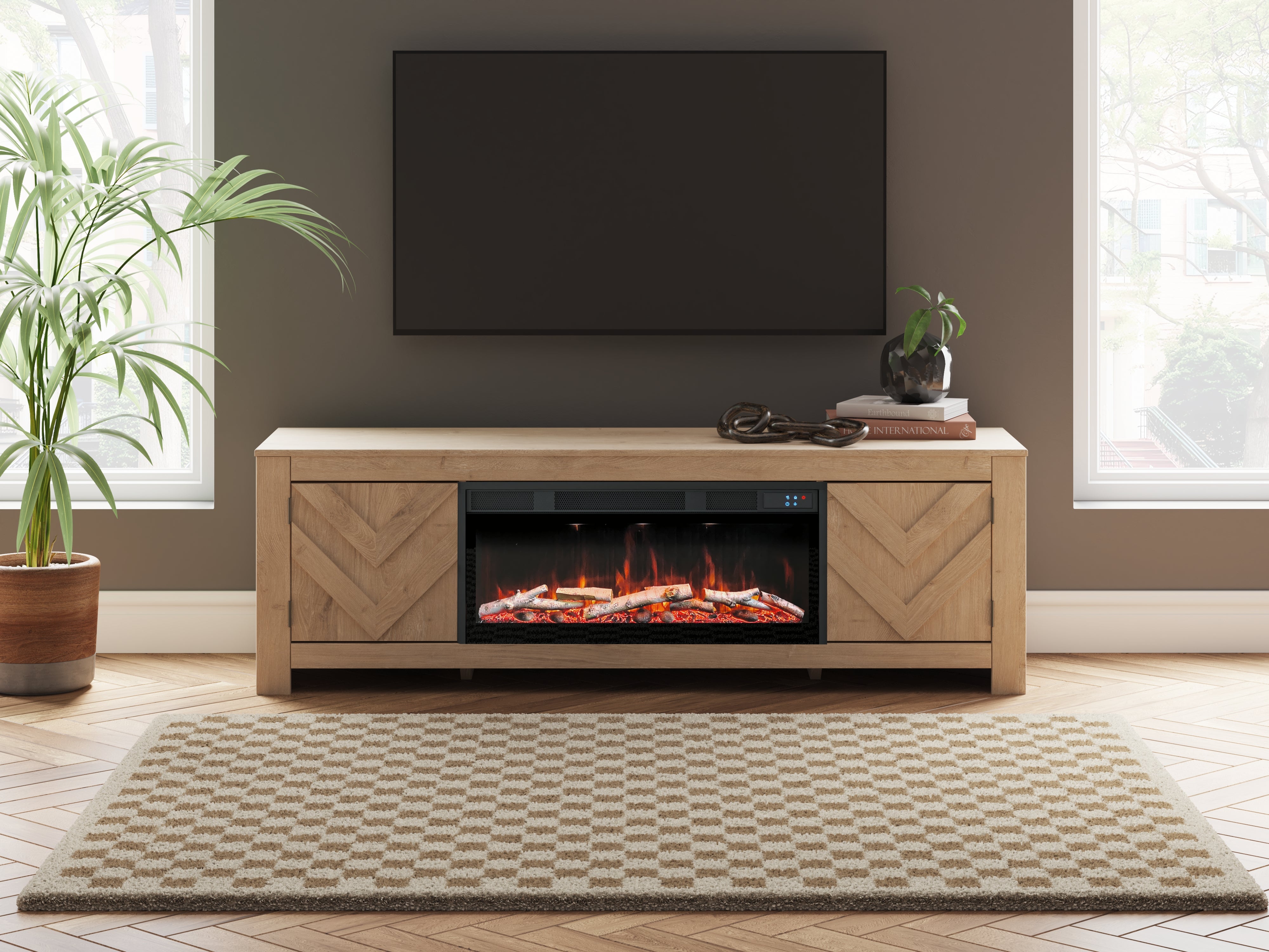 Prime Furniture - Ashley Furniture - Cayboni 71" TV Stand with Electric Fireplace - 71" TV Stand with Electric Fireplace / Tan - W3787W1