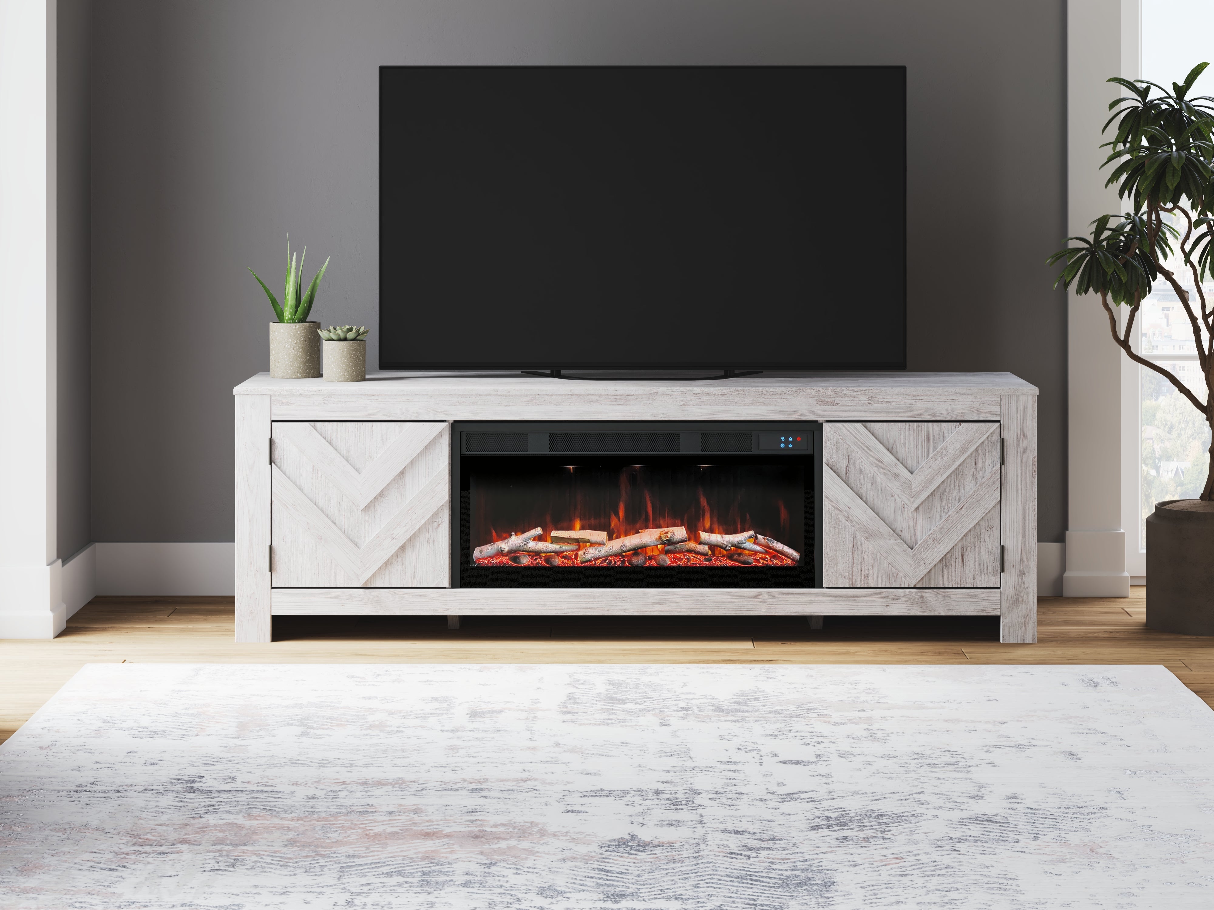 Prime Furniture - Ashley Furniture - Cayboni 71" TV Stand with Electric Fireplace - 71" TV Stand with Electric Fireplace / Whitewash - W3788W1