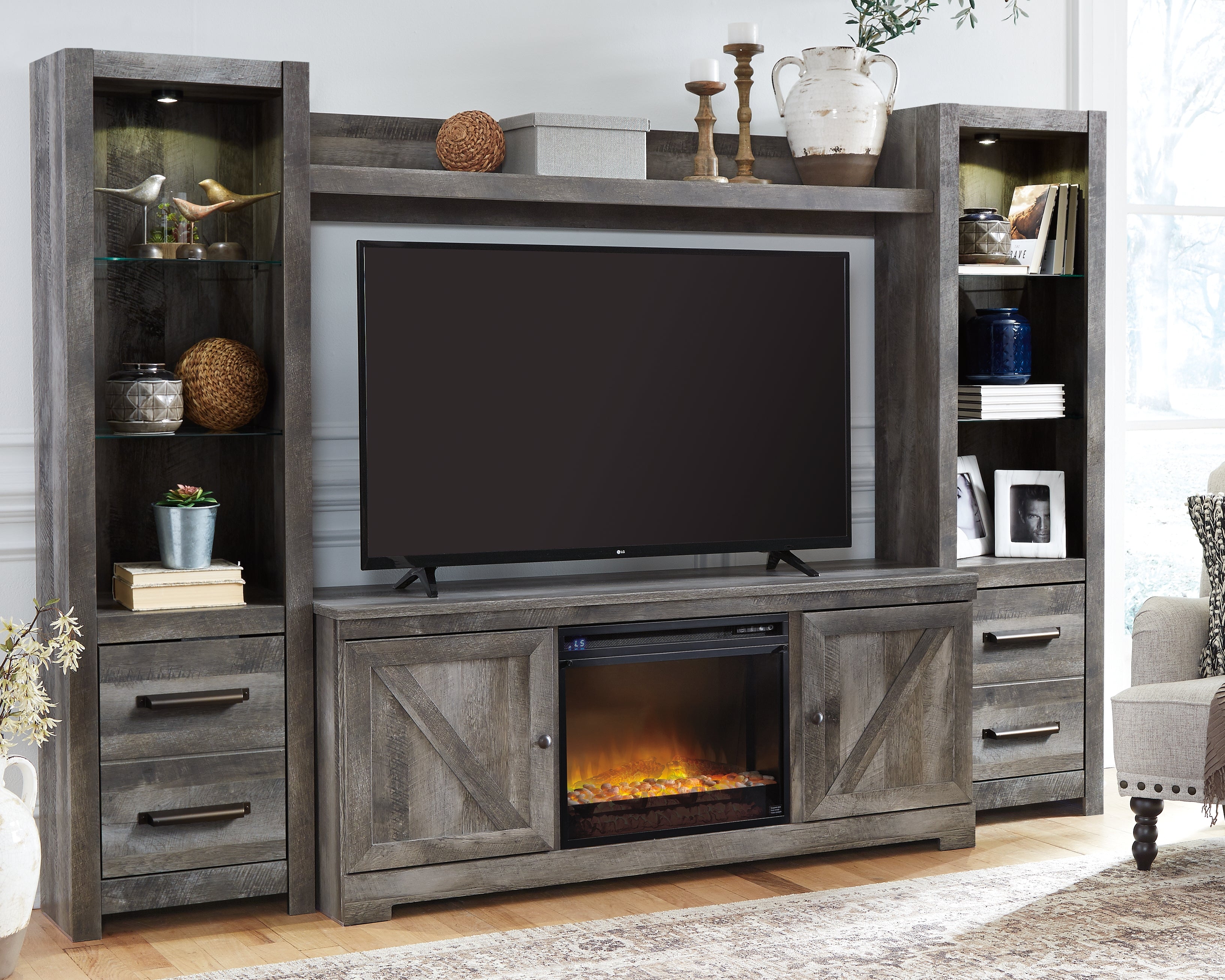 Prime Furniture - Ashley Furniture - Wynnlow 4-Piece Entertainment Center with Electric Fireplace - 4-Piece Entertainment Center with Electric Fireplace / Gray - W440W5