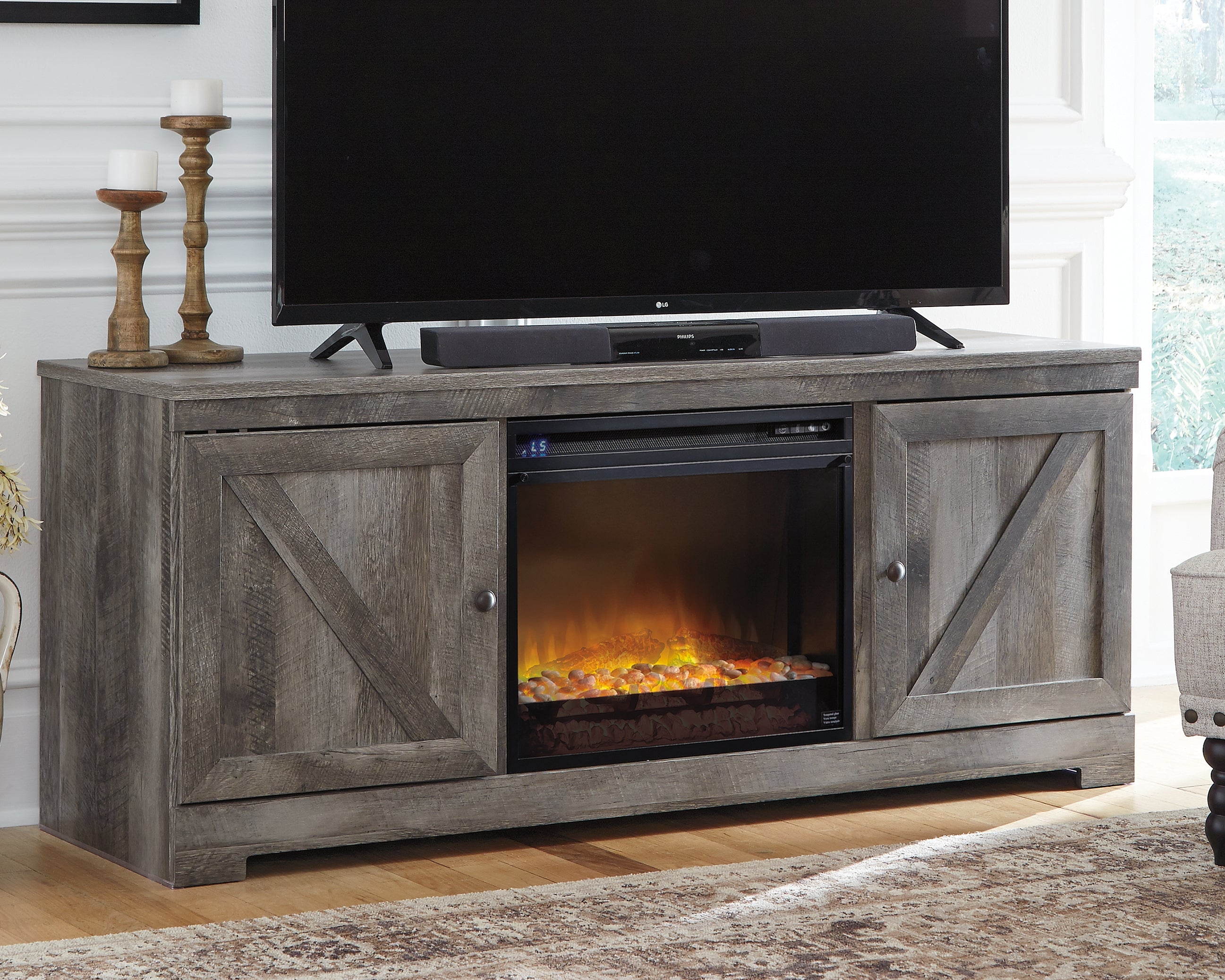 Prime Furniture - Ashley Furniture - Wynnlow 63" TV Stand with Electric Fireplace - 63" TV Stand with Electric Fireplace / Gray - W440W4