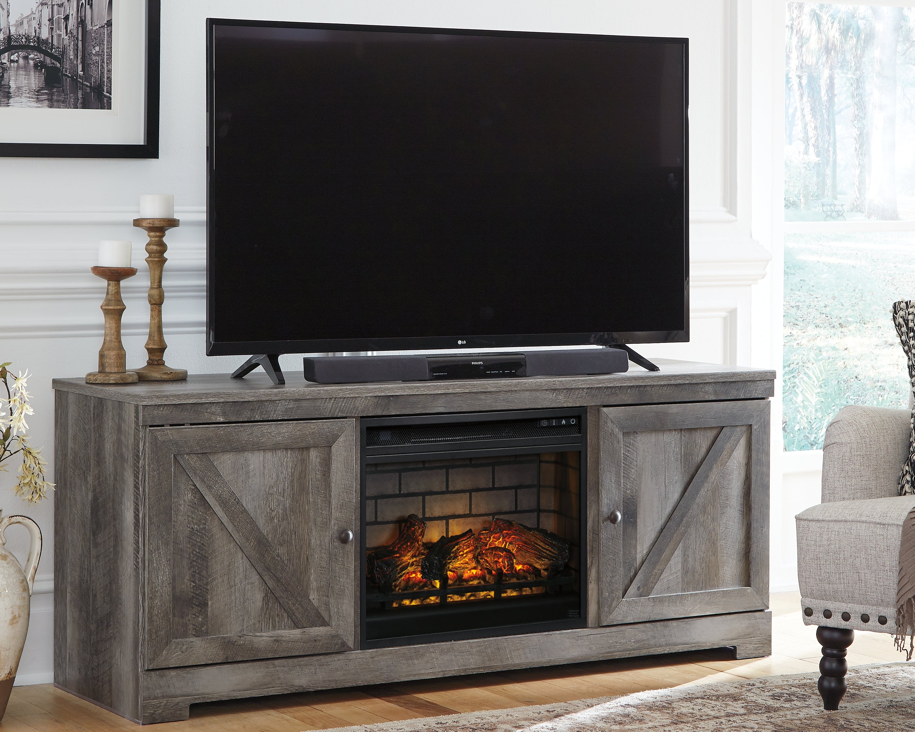 Prime Furniture - Ashley Furniture - Wynnlow 63" TV Stand with Electric Fireplace - 63" TV Stand with Electric Fireplace / Gray - W440W9