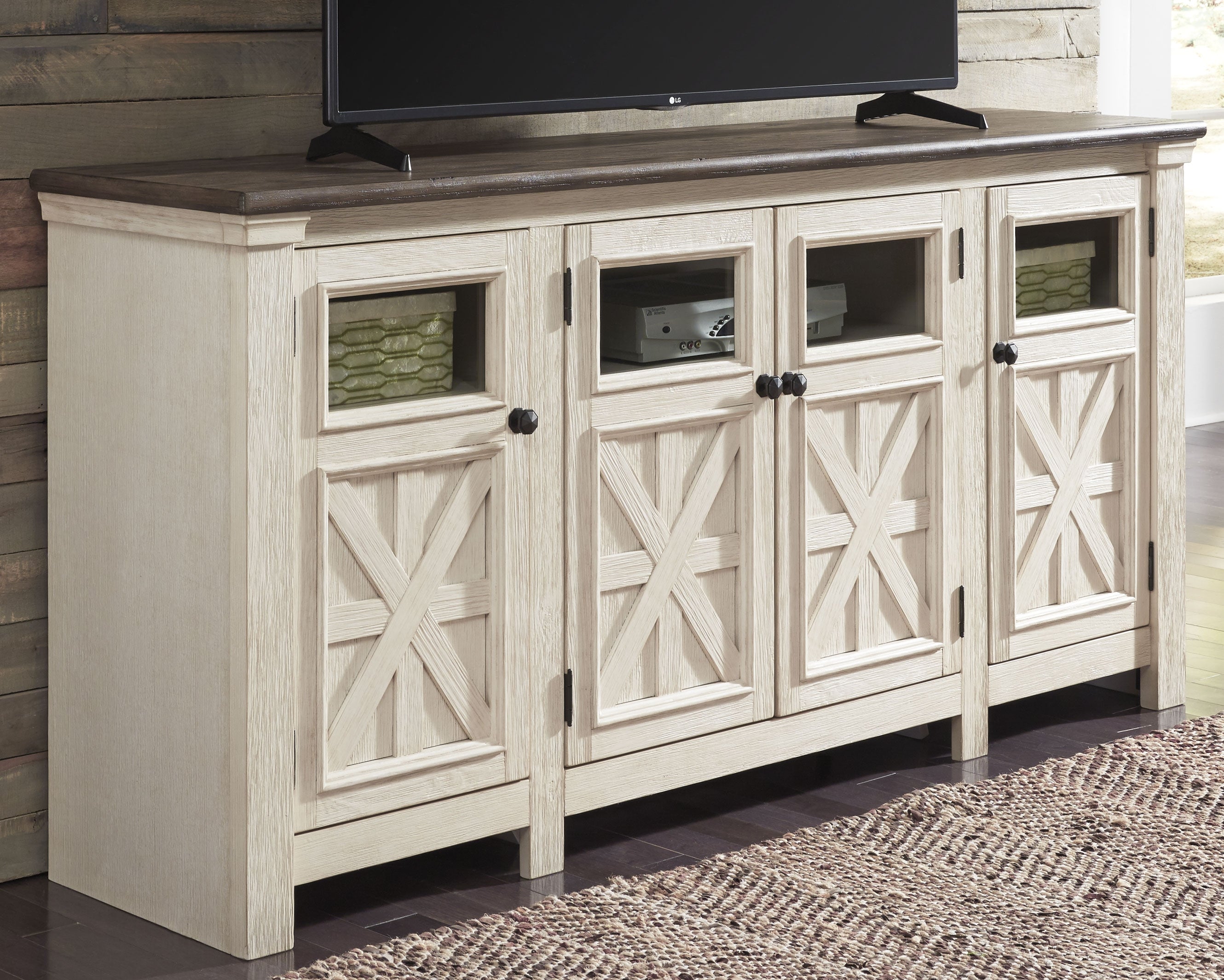 Prime Furniture - Ashley Furniture - Bolanburg 74" TV Stand - 74" / White/Weathered Gray - W647-60