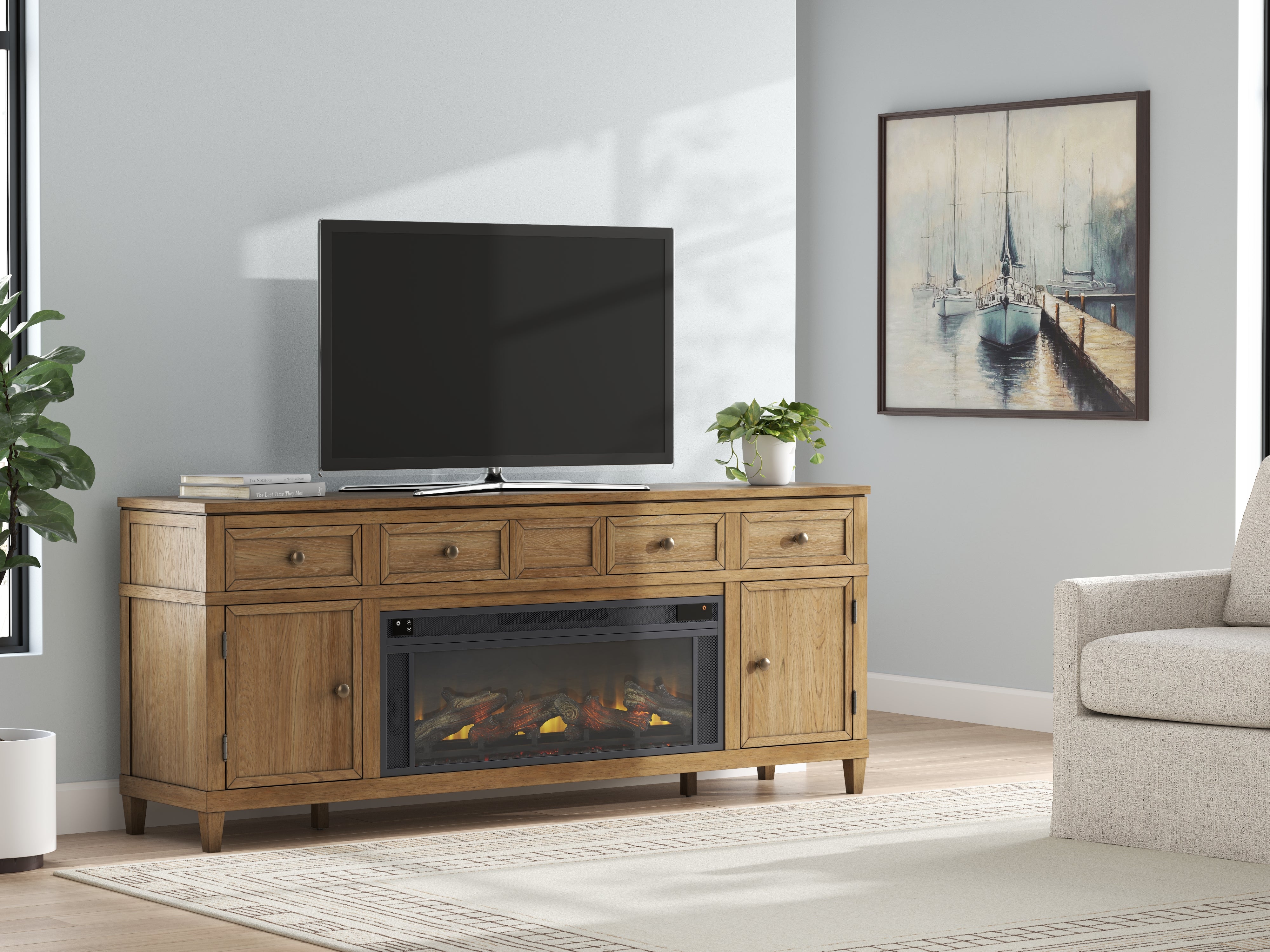 Prime Furniture - Ashley Furniture - Sharlance 81" TV Stand with Electric Fireplace - 81" TV Stand with Electric Fireplace / Light Brown - W655W1