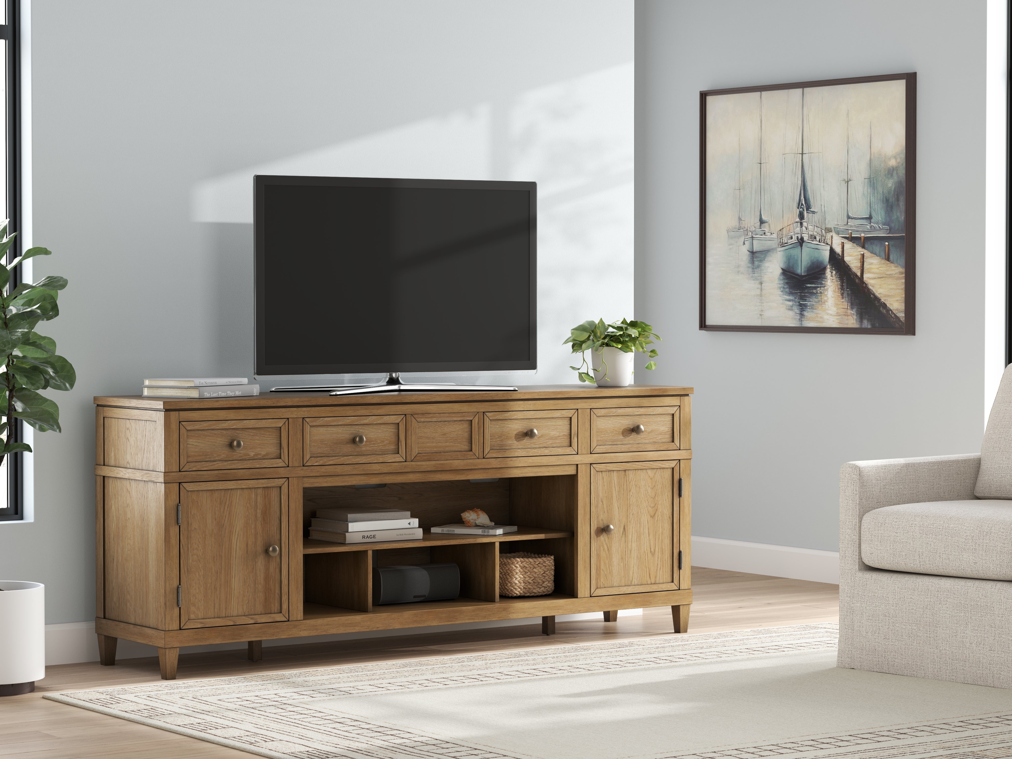 Prime Furniture - Ashley Furniture - Sharlance 81" TV Stand - 81" / Light Brown - W655-68