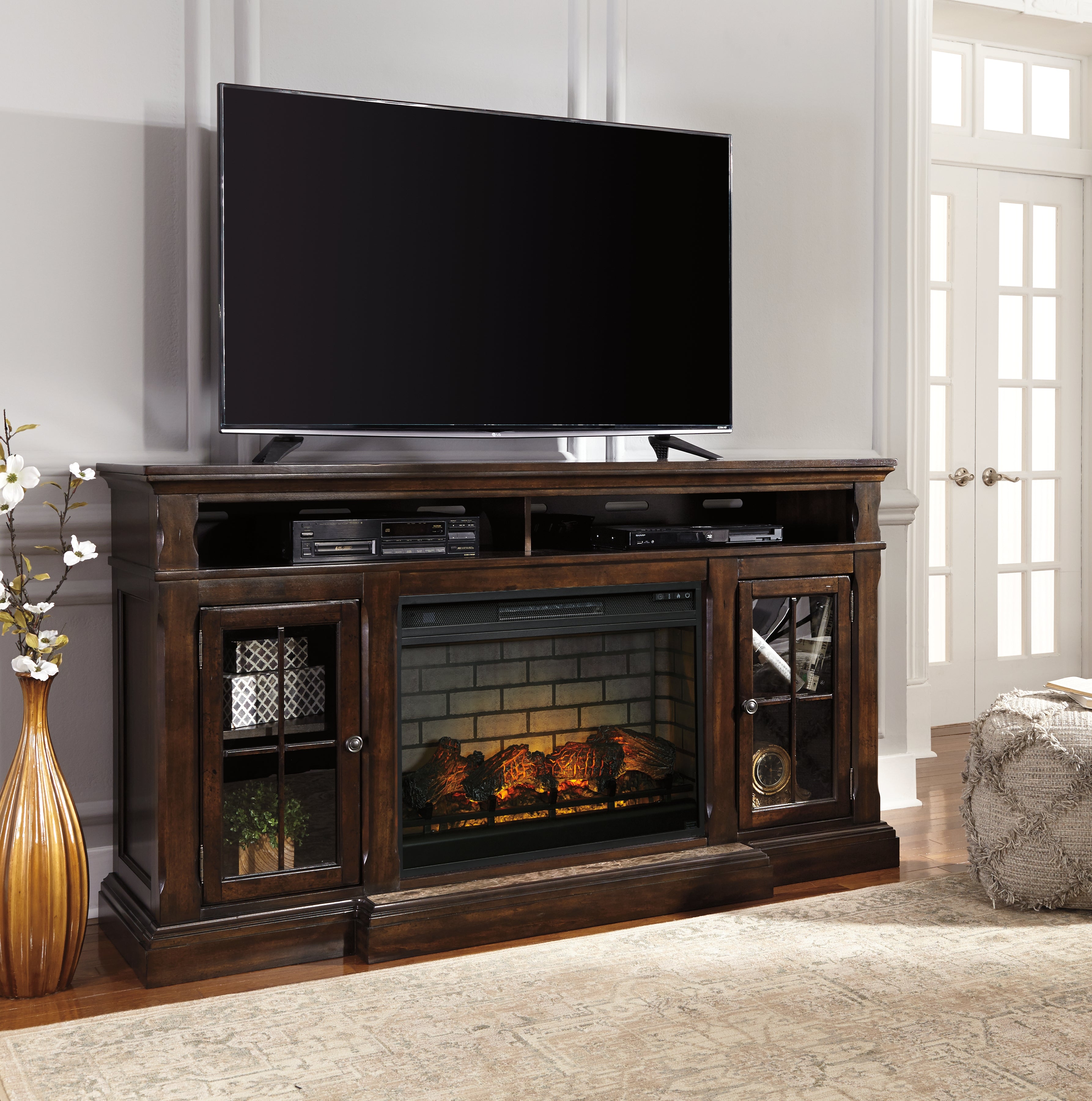 Prime Furniture - Ashley Furniture - Roddinton 72" TV Stand with Electric Fireplace - 72" TV Stand with Electric Fireplace / Dark Brown - W701W8