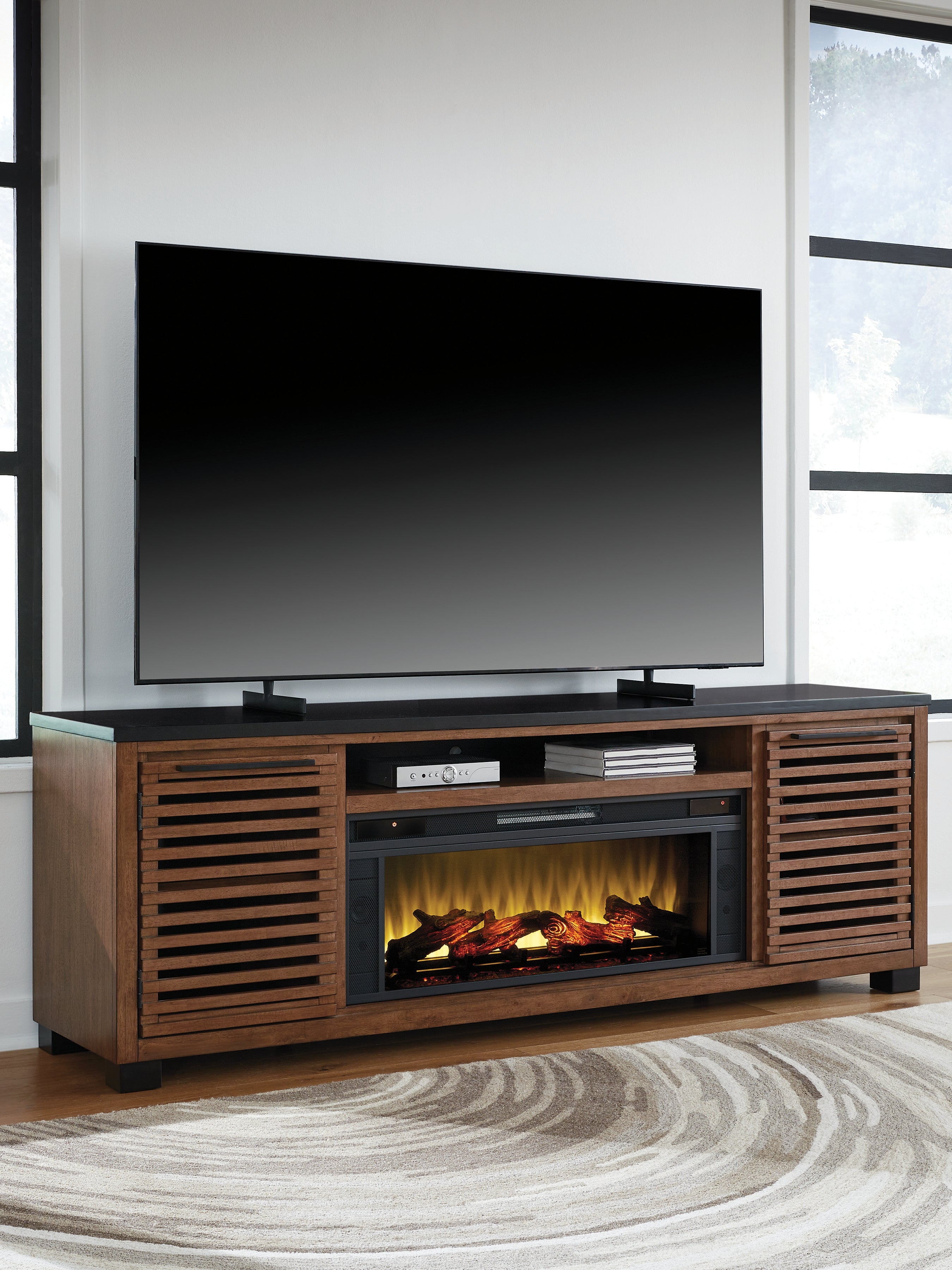 Prime Furniture - Ashley Furniture - Kallari 84" TV Stand with Electric Fireplace - 84" TV Stand with Electric Fireplace / Warm Brown/Black - W737W1
