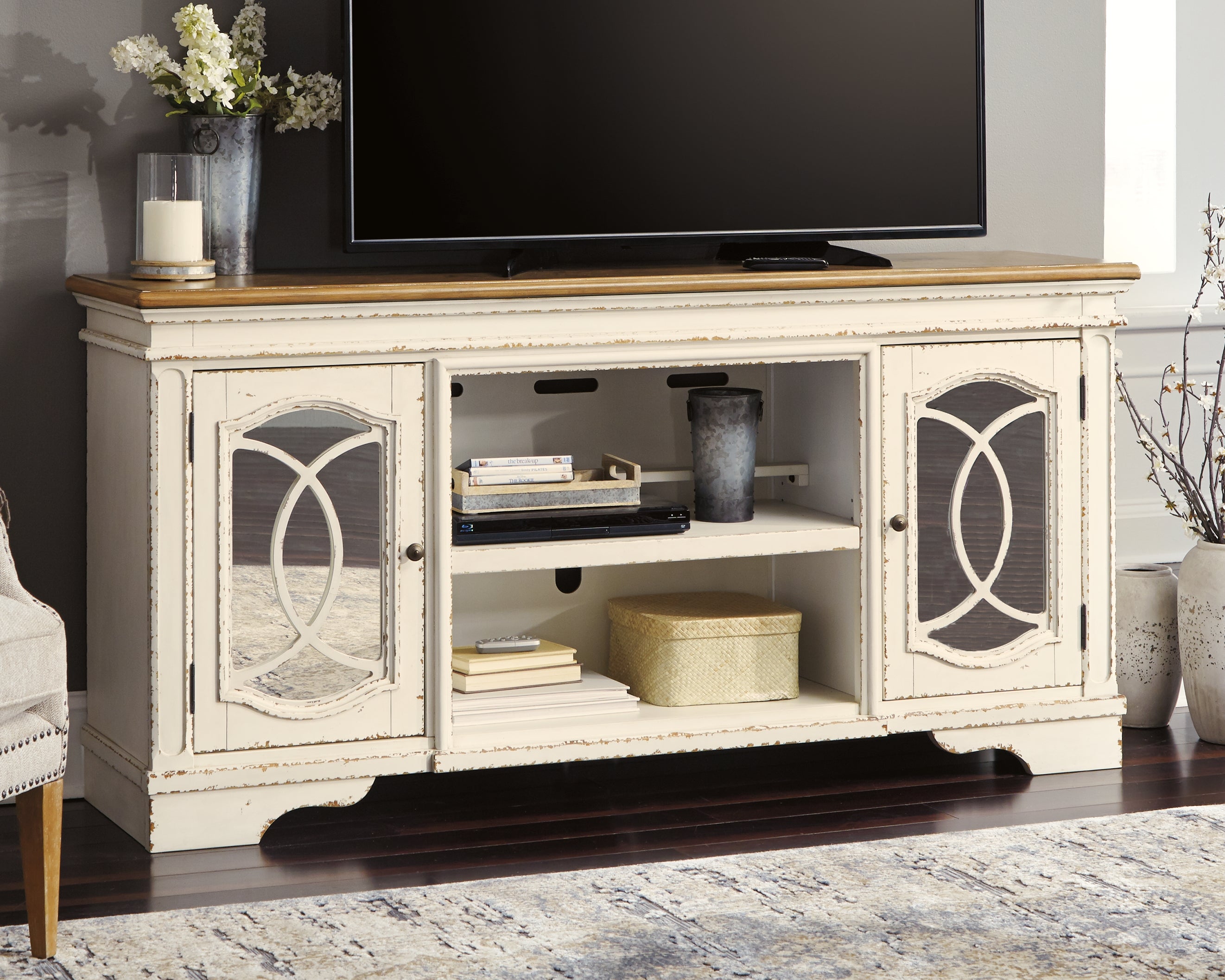 Prime Furniture - Ashley Furniture - Realyn 74" TV Stand - 74" / Chipped White - W743-68