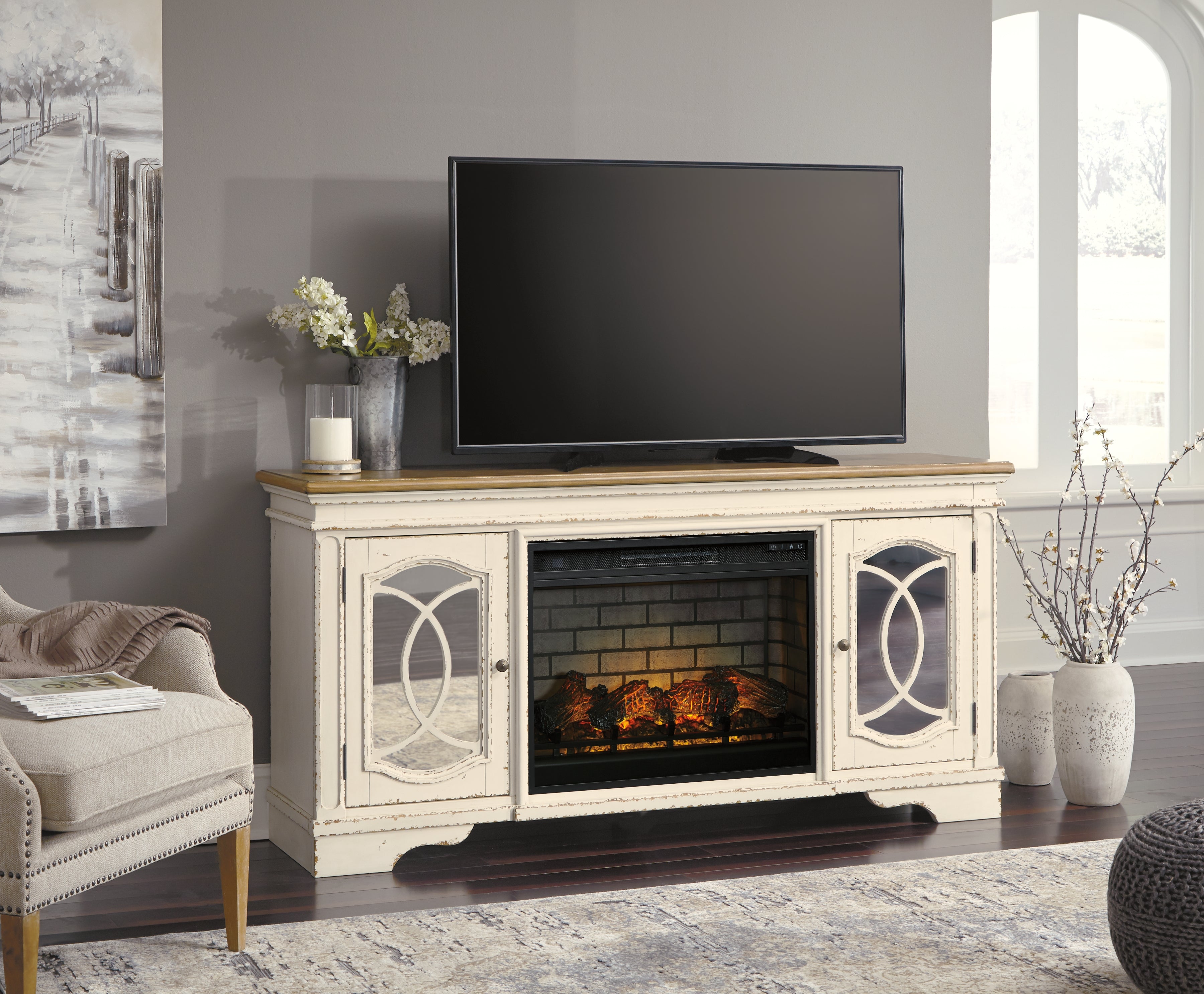 Prime Furniture - Ashley Furniture - Realyn 74" TV Stand with Electric Fireplace - 74" TV Stand with Electric Fireplace / Chipped White - W743W2