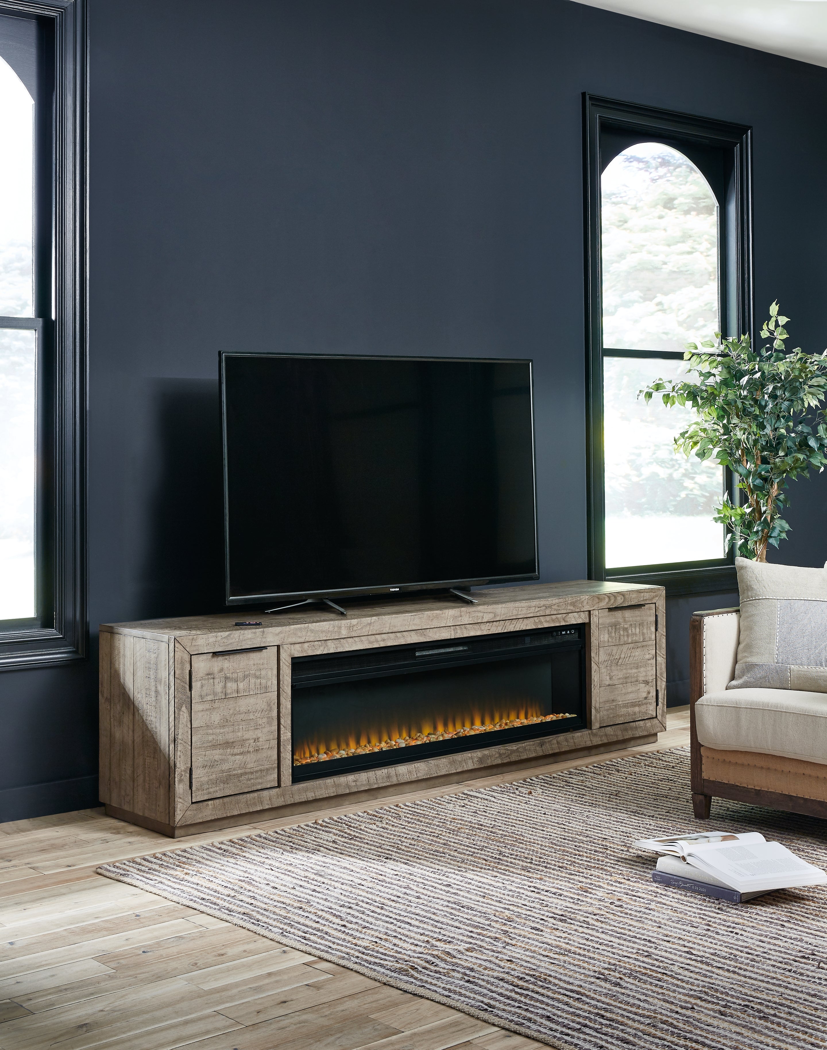 Prime Furniture - Ashley Furniture - Krystanza TV Stand with Electric Fireplace - TV Stand with Electric Fireplace / Weathered Gray - W760W1