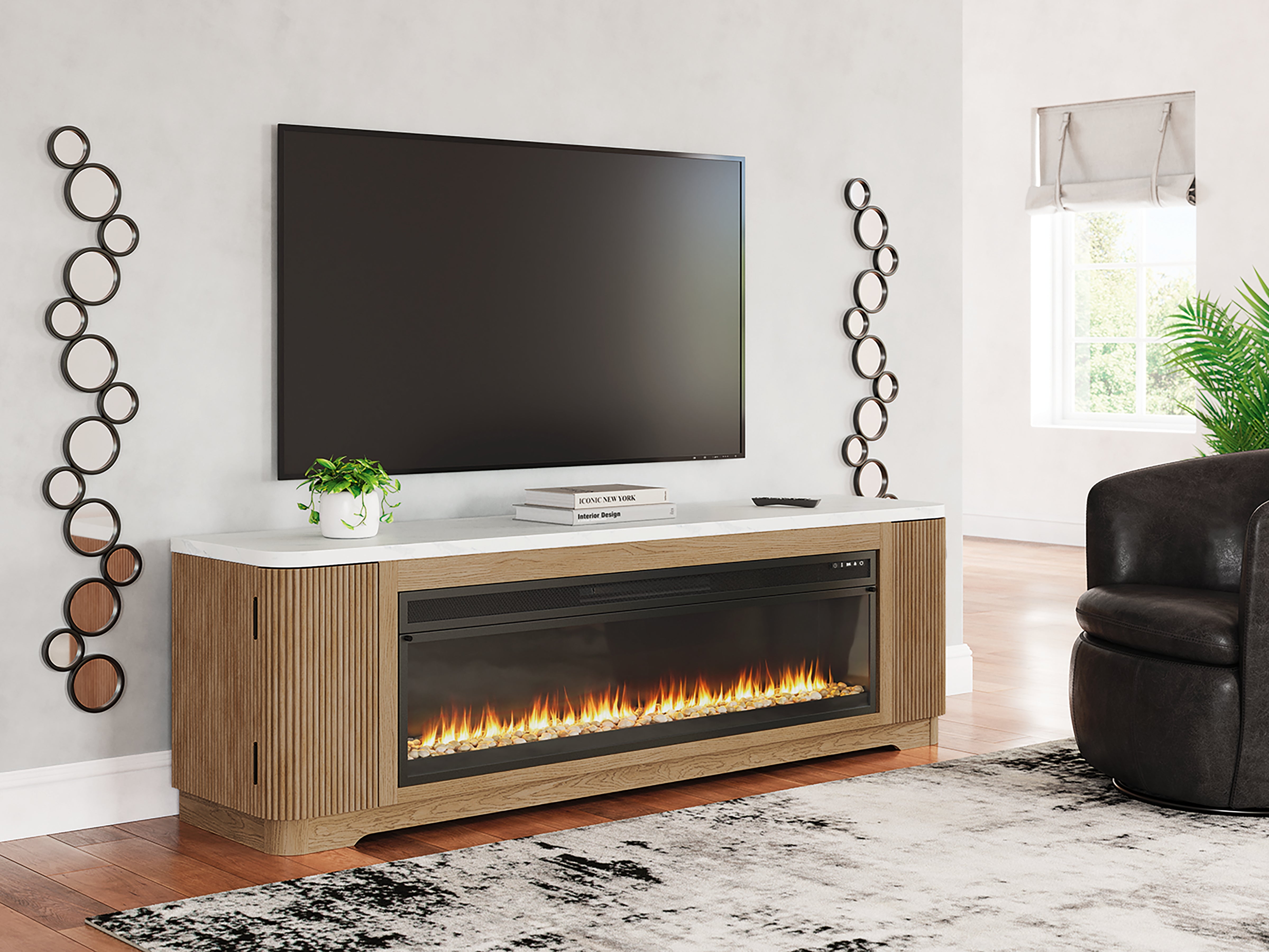 Prime Furniture - Ashley Furniture - Camdill 80" TV Stand with Electric Fireplace - 80" TV Stand with Electric Fireplace / Light Brown - W808W1