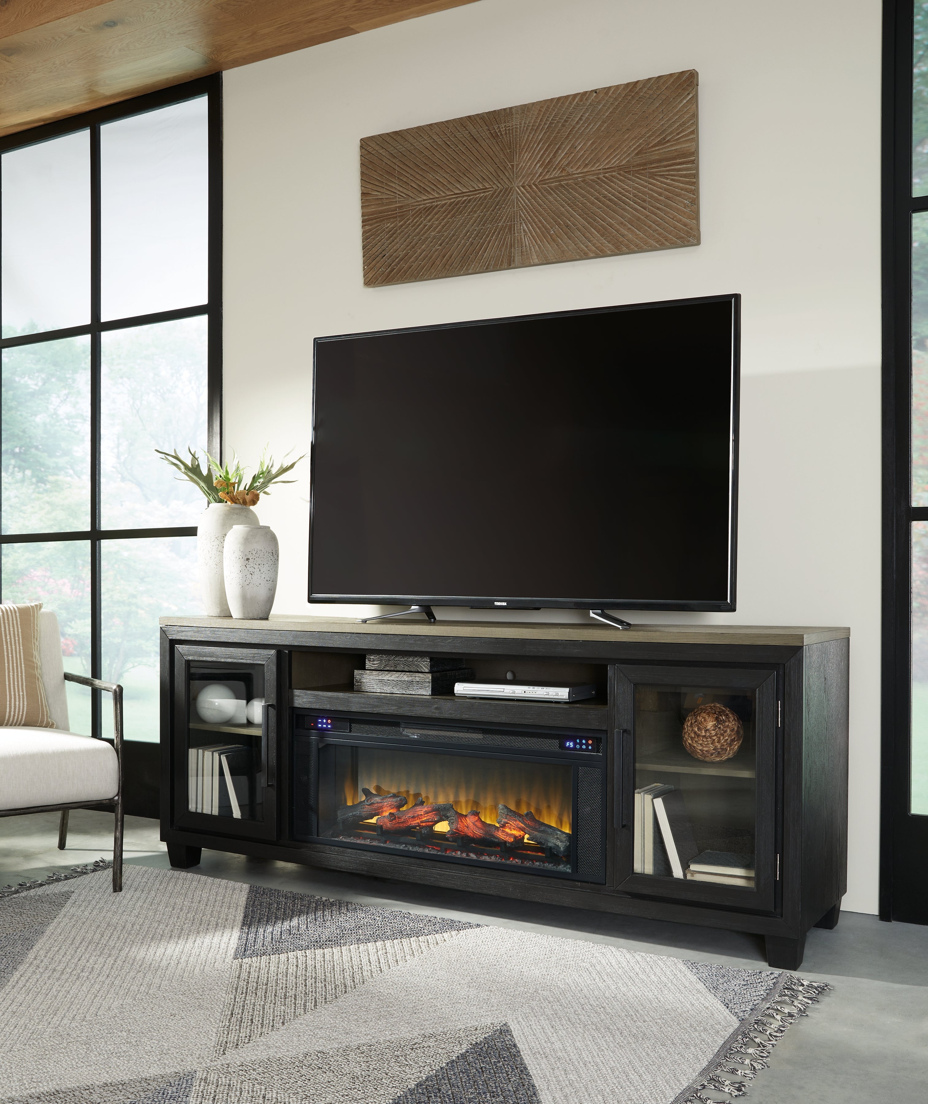 Prime Furniture - Ashley Furniture - Foyland 83" TV Stand with Electric Fireplace - 83" TV Stand with Electric Fireplace / Black/Brown - W989W1