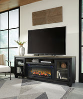 Prime Furniture - Ashley Furniture - Foyland 83" TV Stand with Electric Fireplace - 83" TV Stand with Electric Fireplace / Black/Brown - W989W1