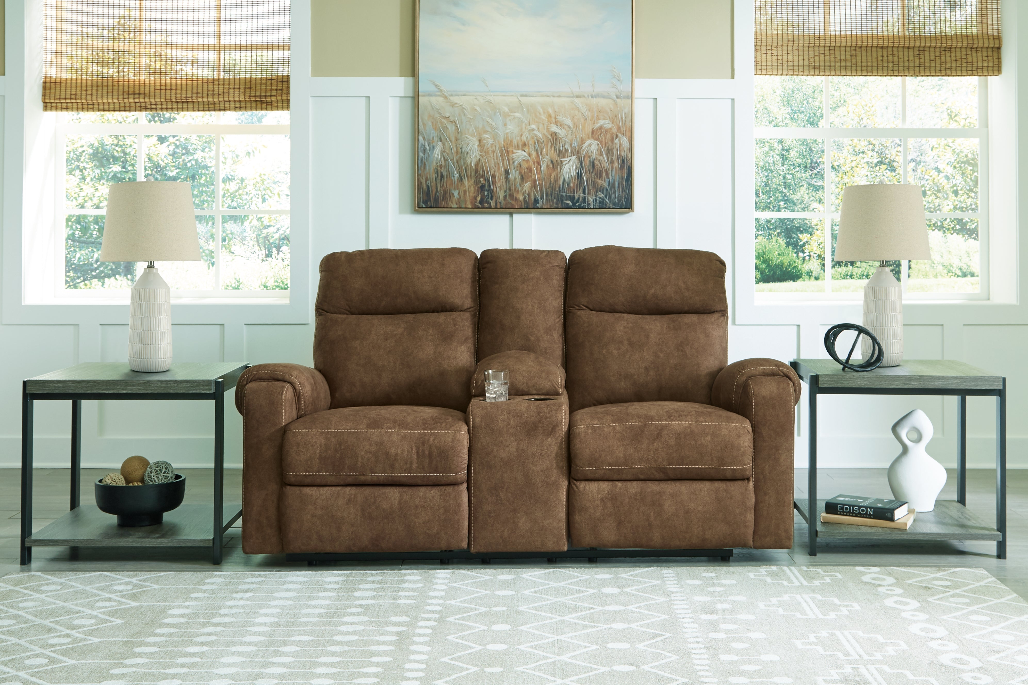 Prime Furniture - Ashley Furniture - Edenwold Living Room - DBL Rec Loveseat w/Console / Brindle - 1380594