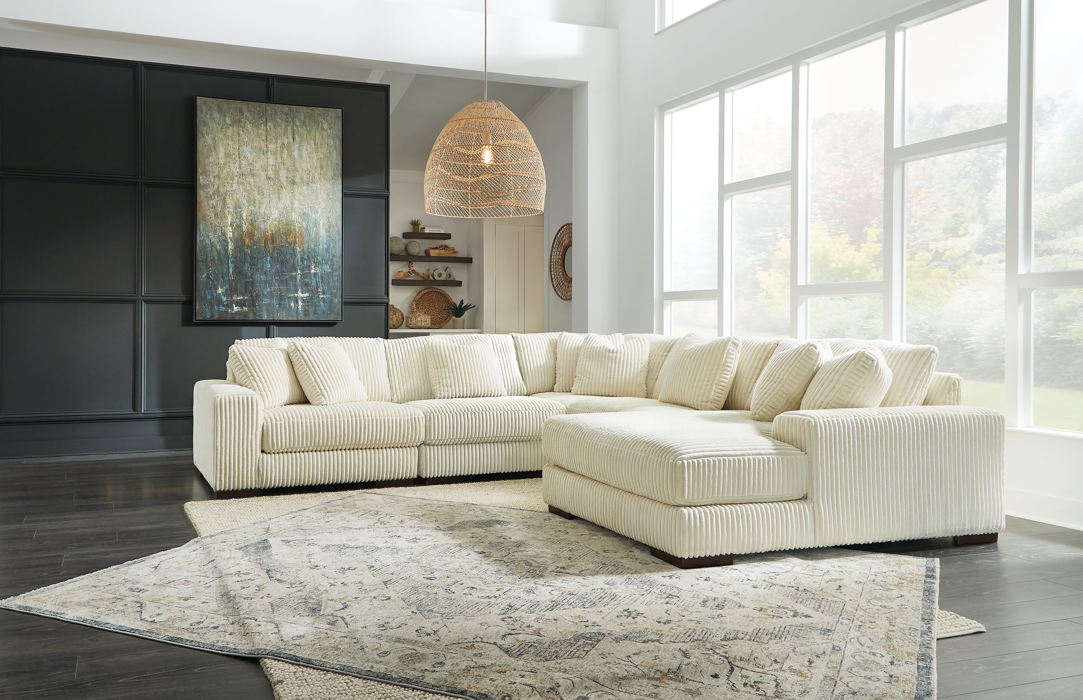 Prime Furniture - Ashley Furniture - Lindyn Sectional - RAF 5-Piece Sectional with Chaise / Ivory - 21104S7
