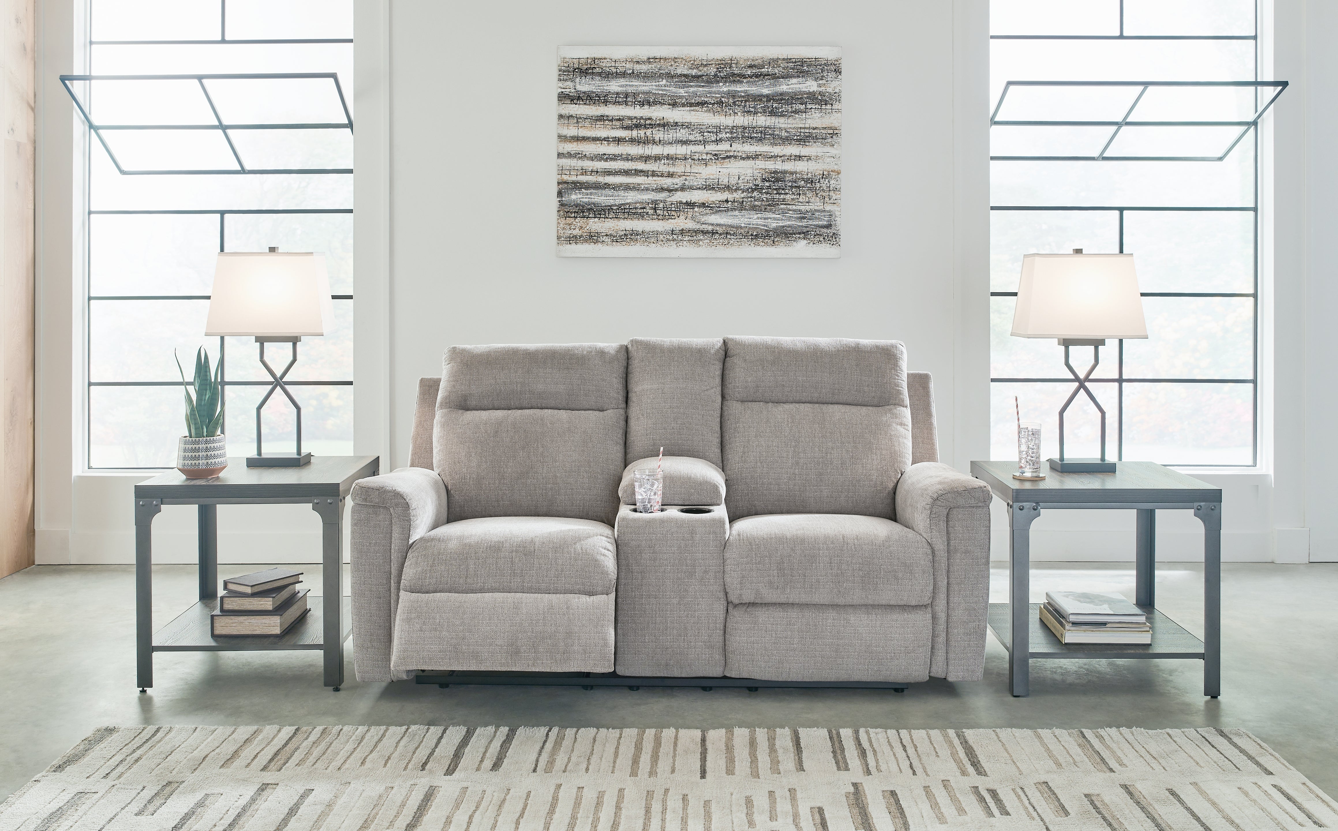 Prime Furniture - Ashley Furniture - Barnsana Living Room - DBL REC PWR Loveseat w/Console / Ash - 3320196