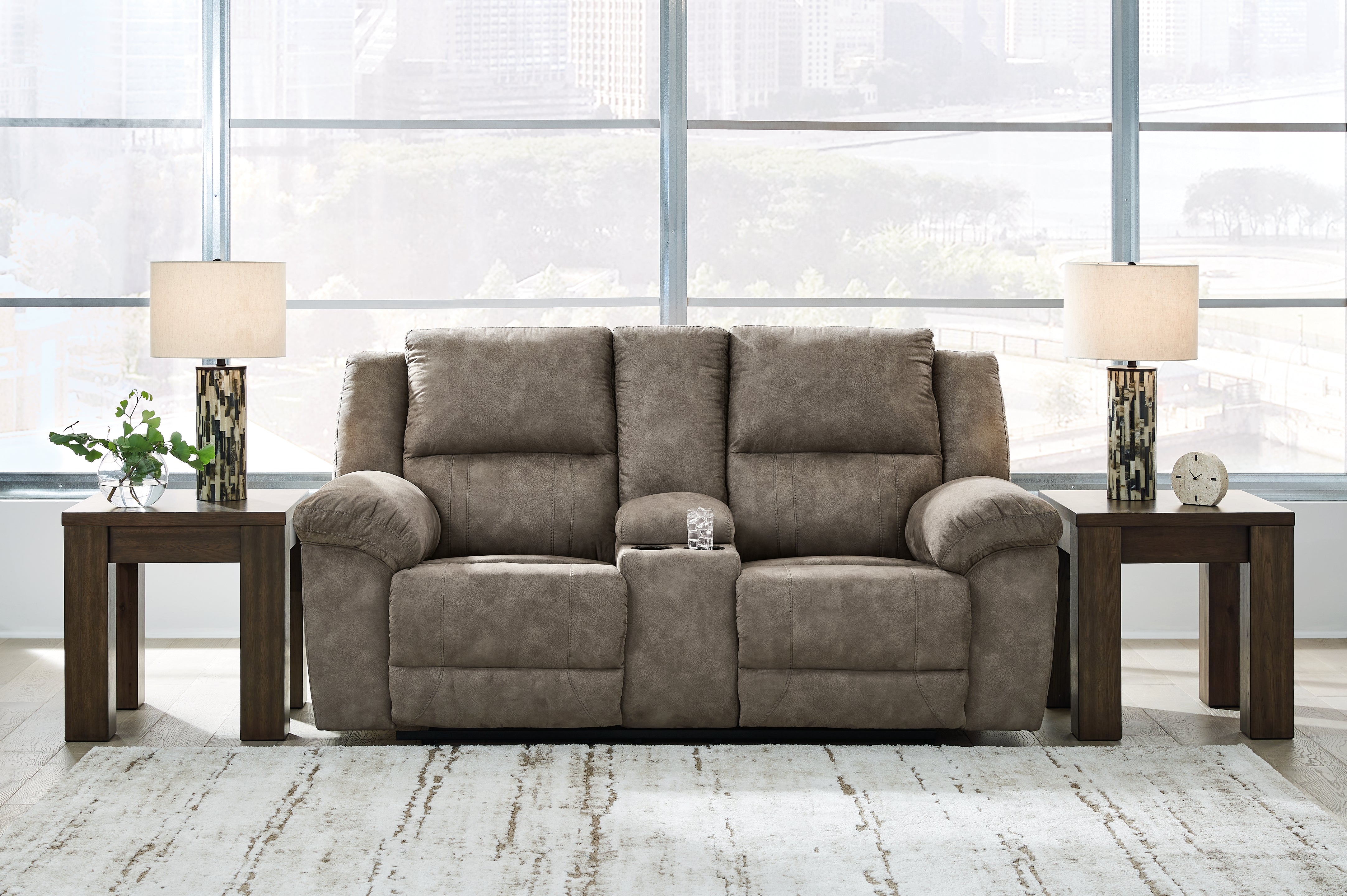 Prime Furniture - Ashley Furniture - Laresview Living Room - DBL Rec Loveseat w/Console / Fossil - 3720394