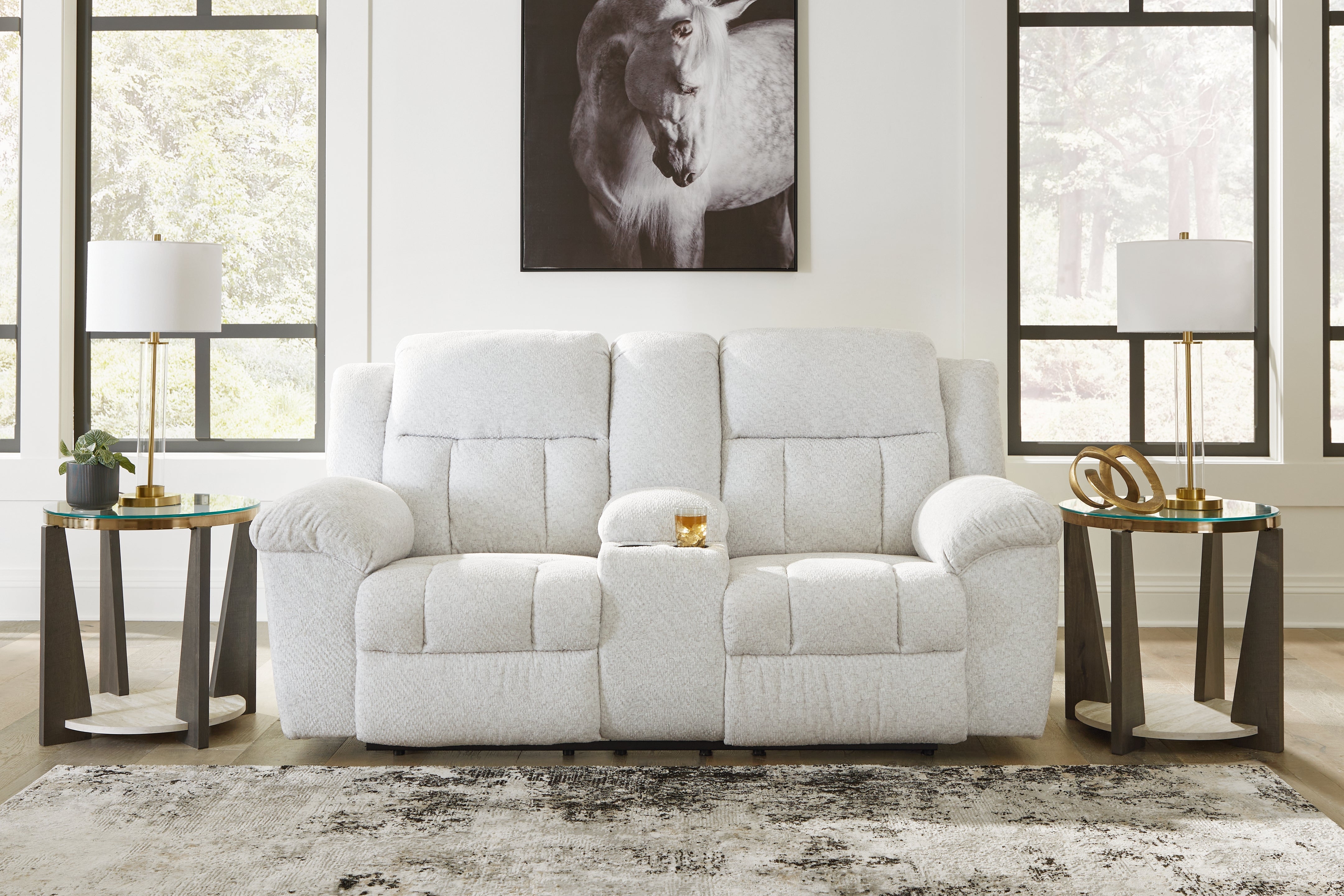 Prime Furniture - Ashley Furniture - Frohn Living Room - DBL Rec Loveseat w/Console / Snow - 3740594