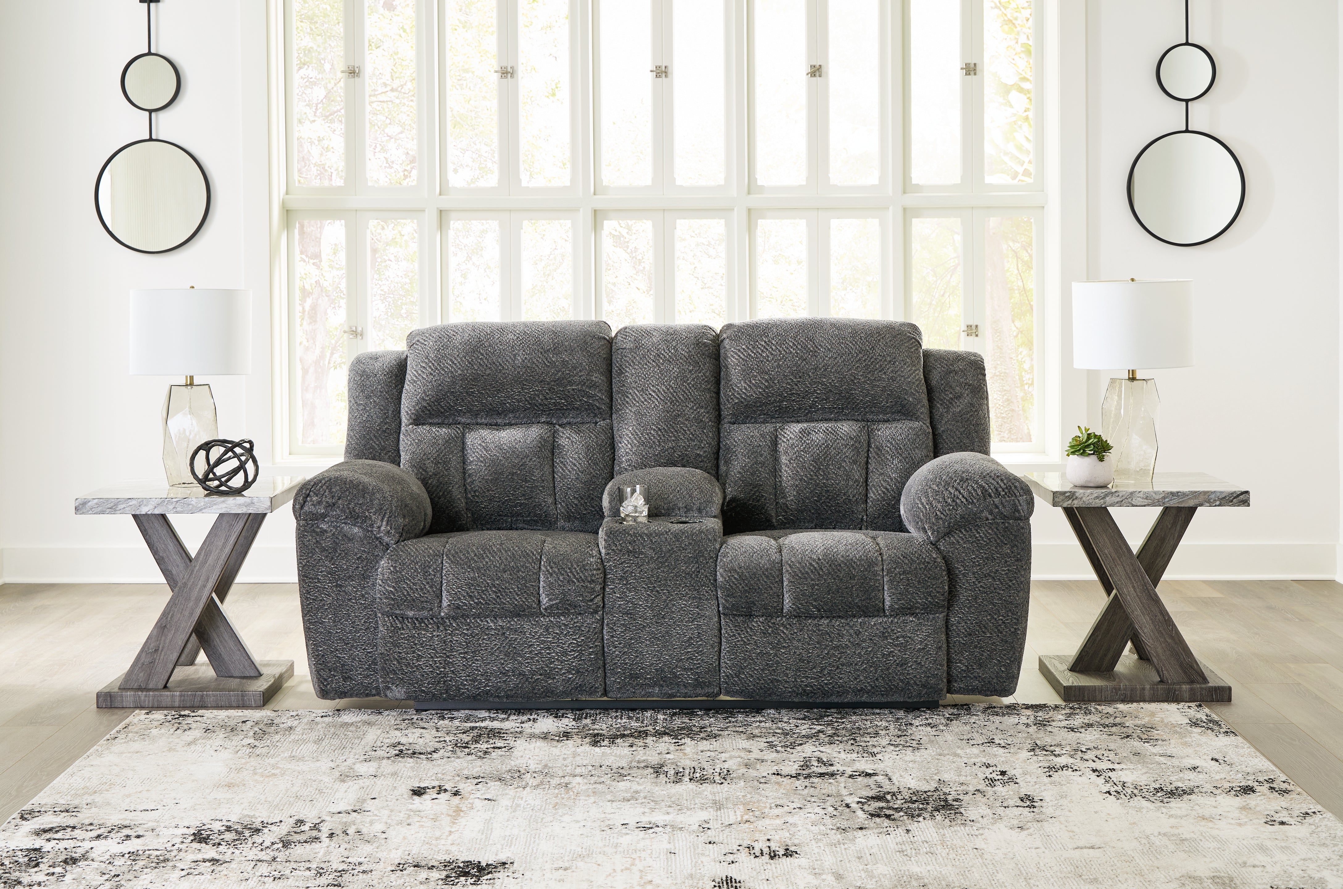 Prime Furniture - Ashley Furniture - Frohn Living Room - DBL Rec Loveseat w/Console / Graphite - 3740694