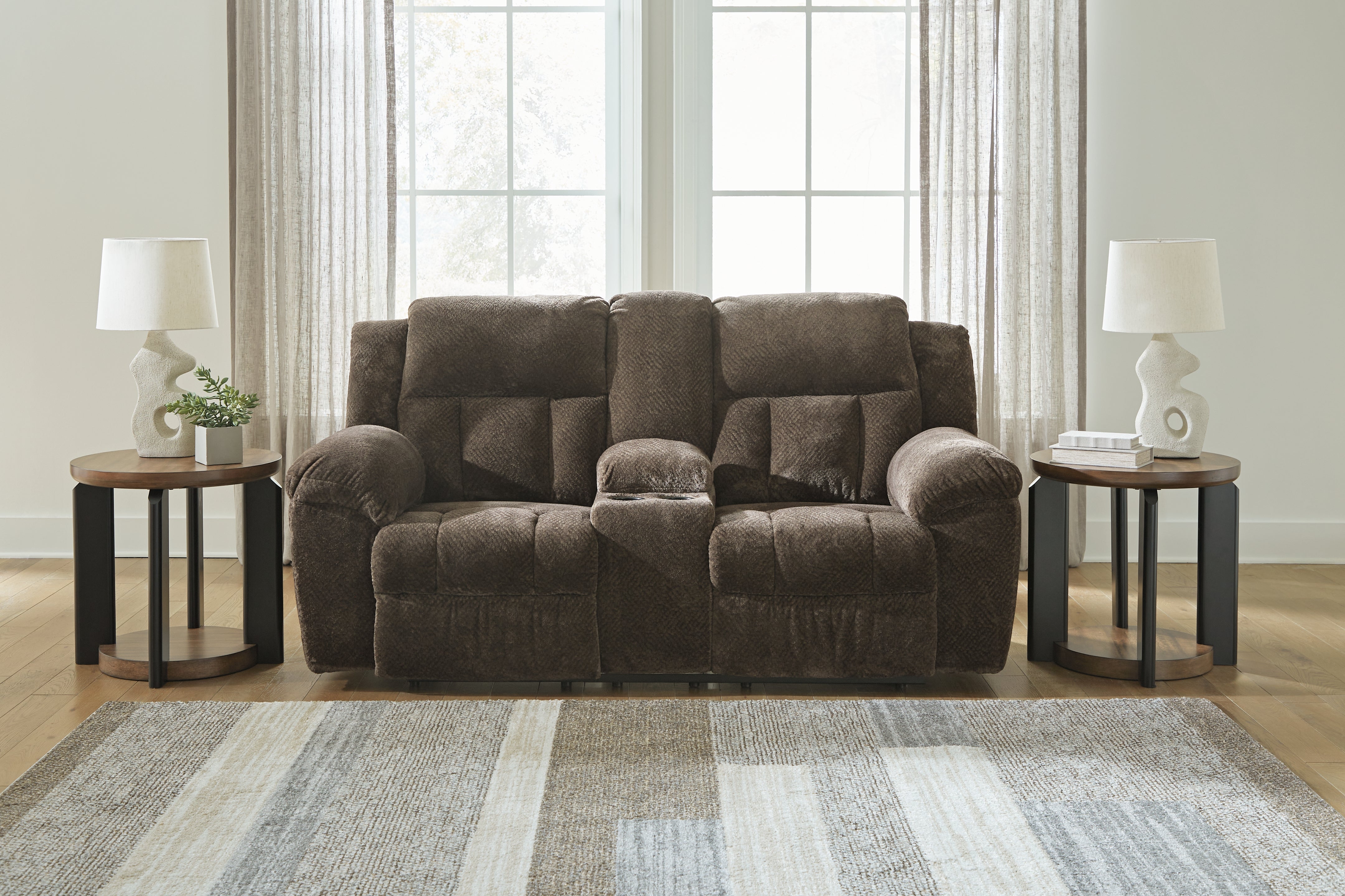 Prime Furniture - Ashley Furniture - Frohn Living Room - DBL Rec Loveseat w/Console / Chocolate - 3740794