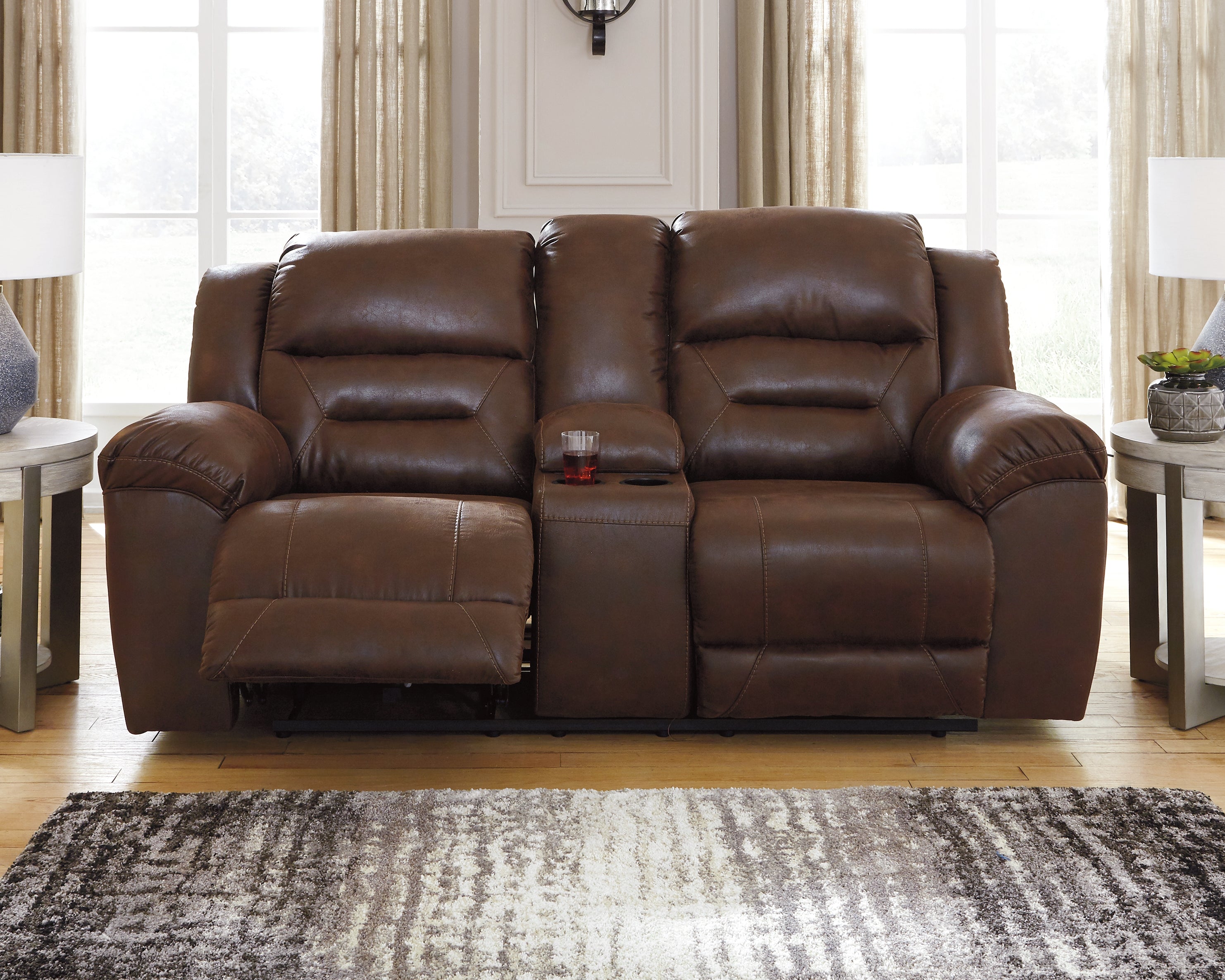 Prime Furniture - Ashley Furniture - Stoneland Living Room - DBL Rec Loveseat w/Console / Chocolate - 3990494