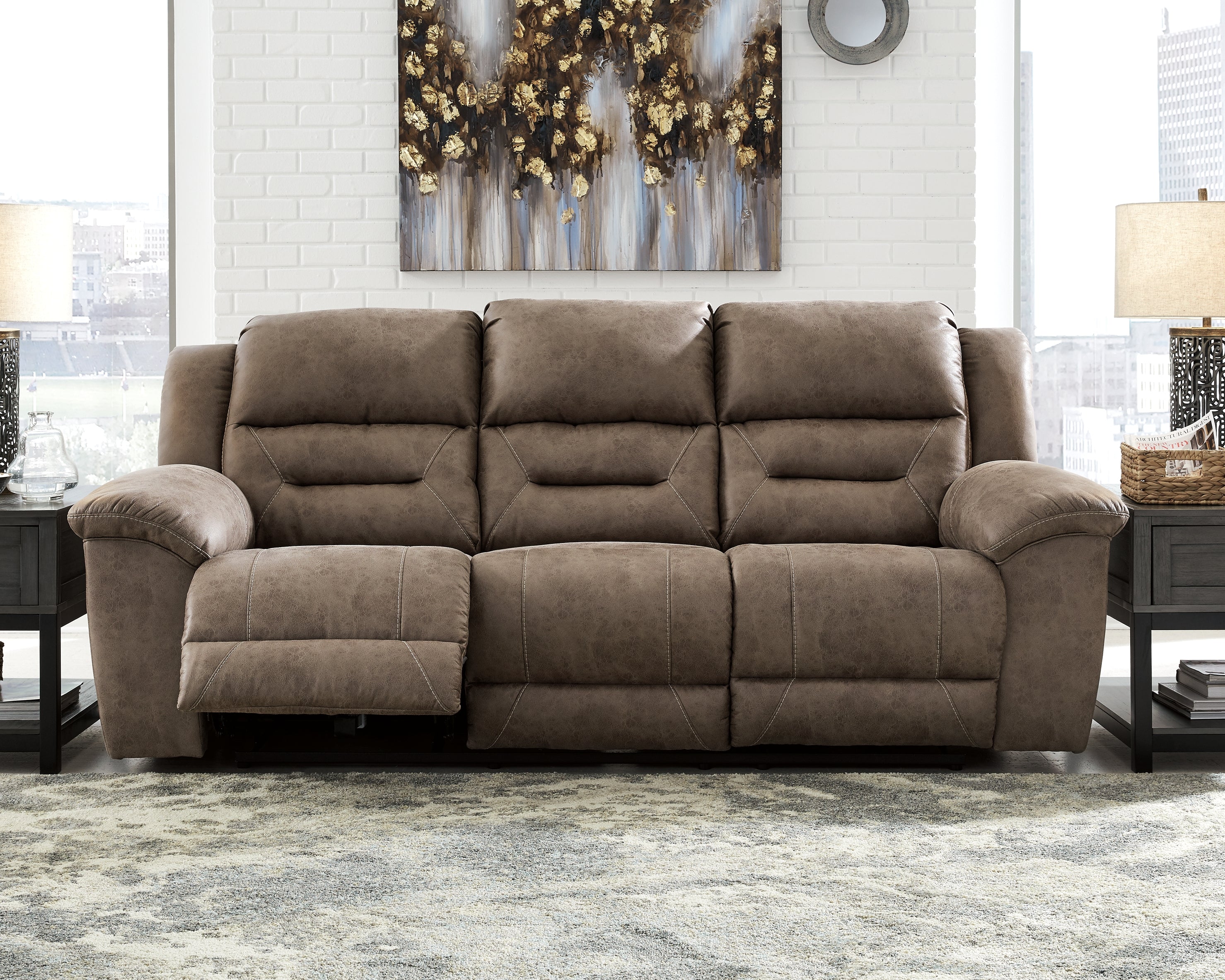 Prime Furniture - Ashley Furniture - Stoneland Living Room - Reclining Power Sofa / Fossil - 3990587