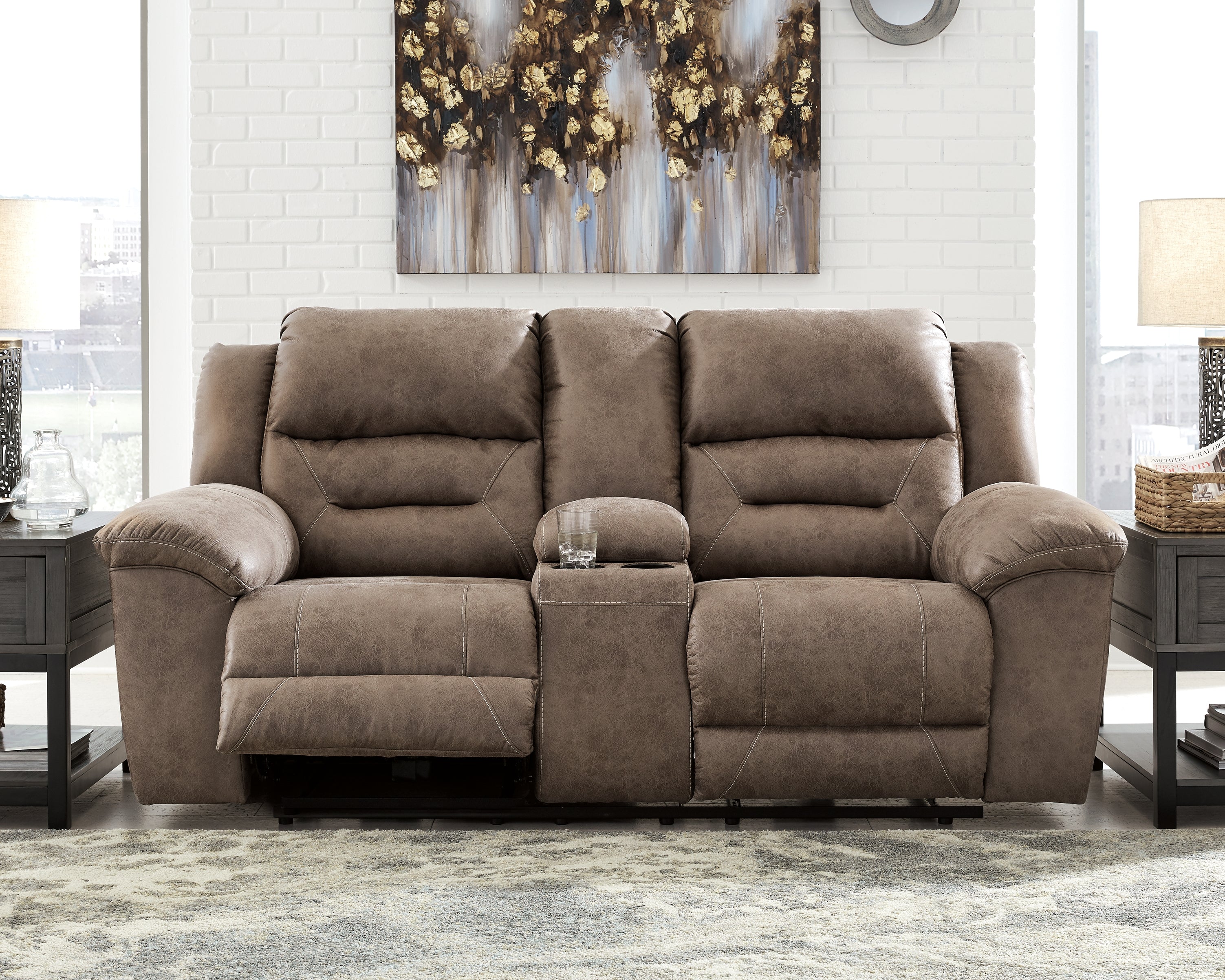 Prime Furniture - Ashley Furniture - Stoneland Living Room - DBL REC PWR Loveseat w/Console / Fossil - 3990596