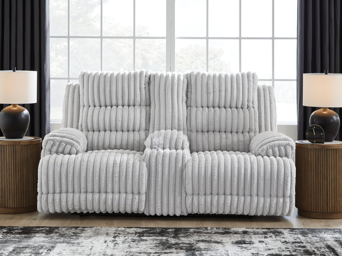 Prime Furniture - Ashley Furniture - Rhines Falls Living Room - DBL REC PWR Loveseat w/Console / Alloy - PC4280496