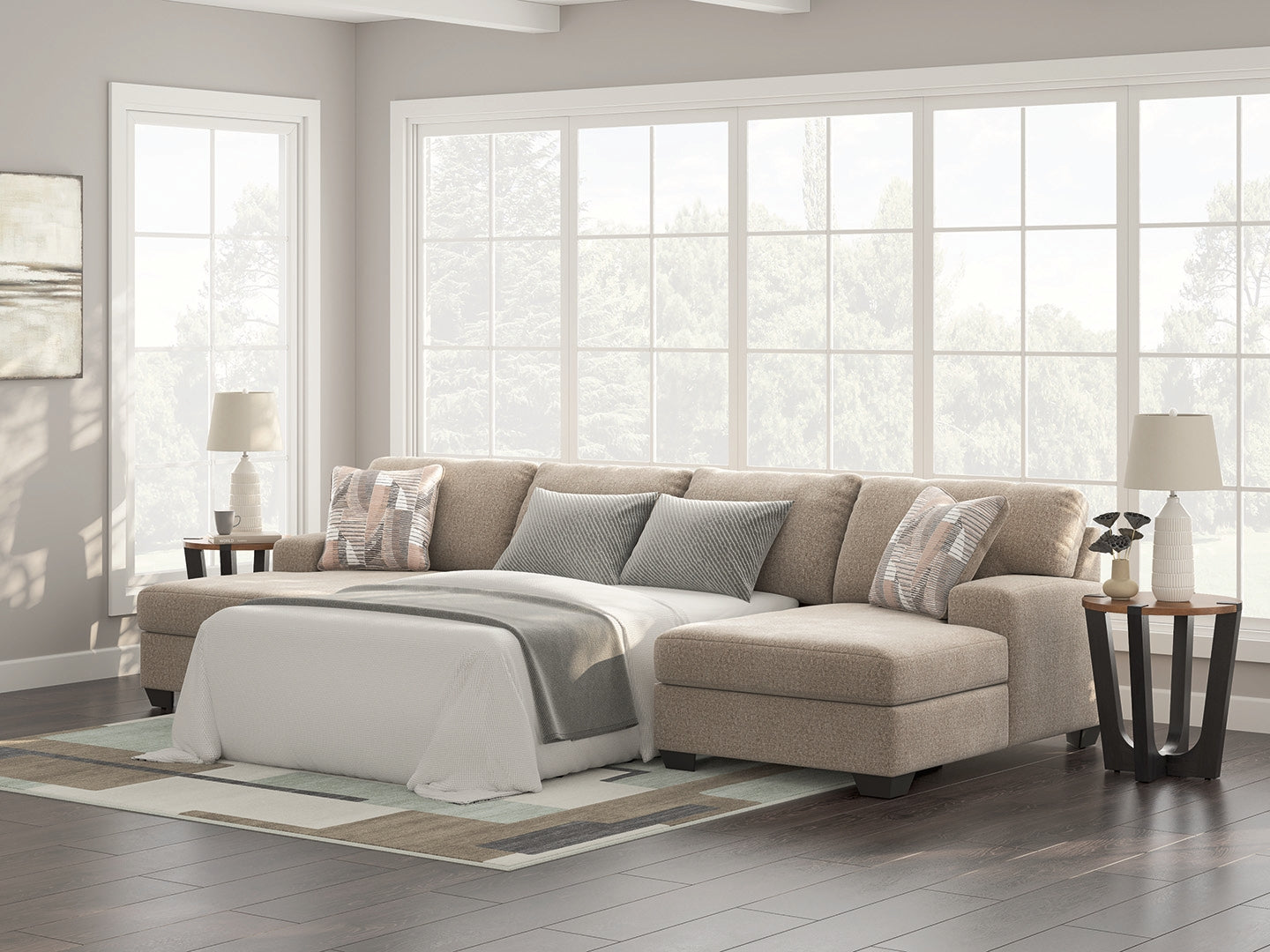 Prime Furniture - Ashley Furniture - Newellen Sectional - RAF 3-Piece Sleeper Sectional with Double Chaise / Hemp - 48404S7