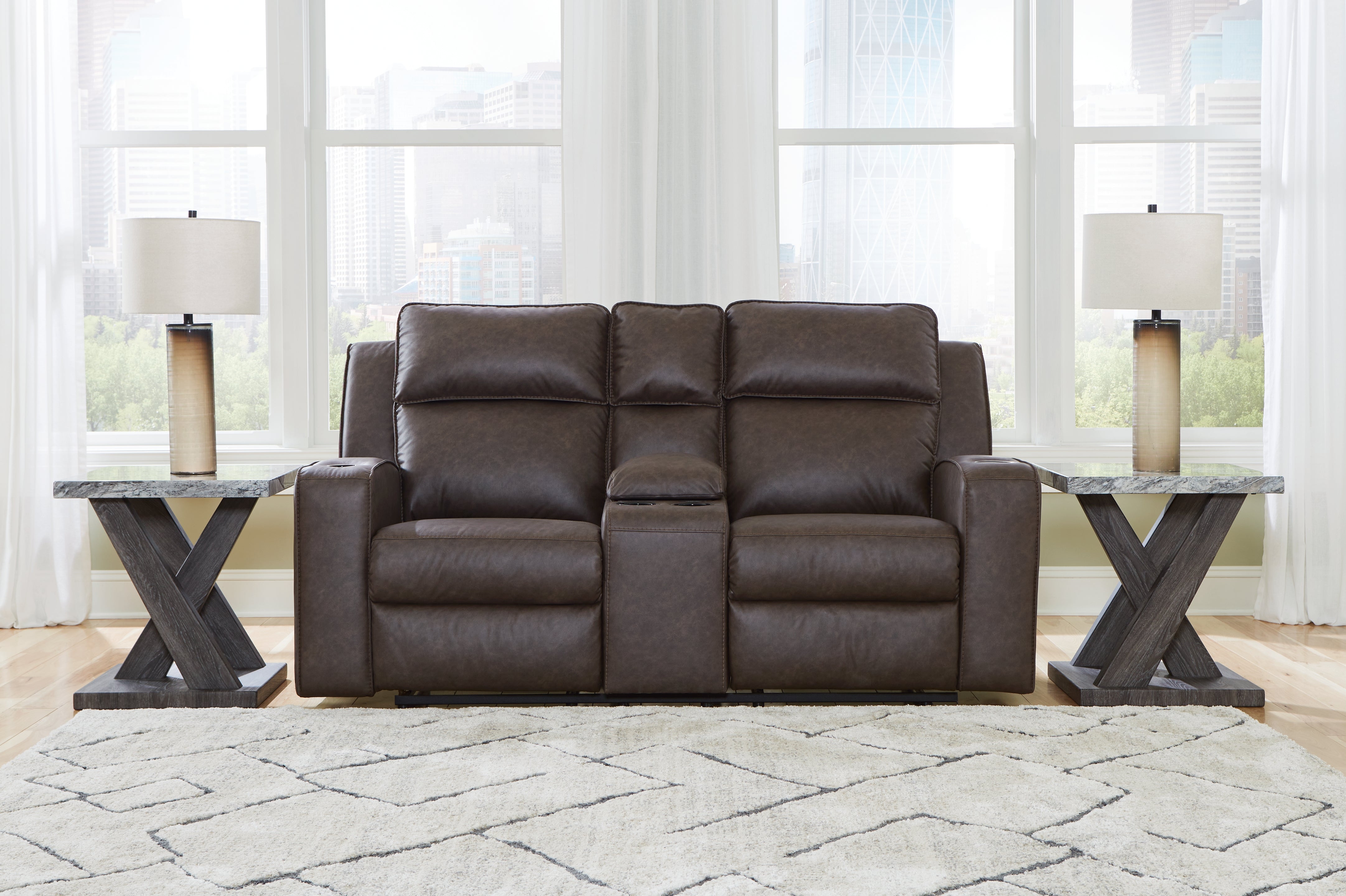 Prime Furniture - Ashley Furniture - Lavenhorne Living Room - DBL Rec Loveseat w/Console / Umber - 6330694