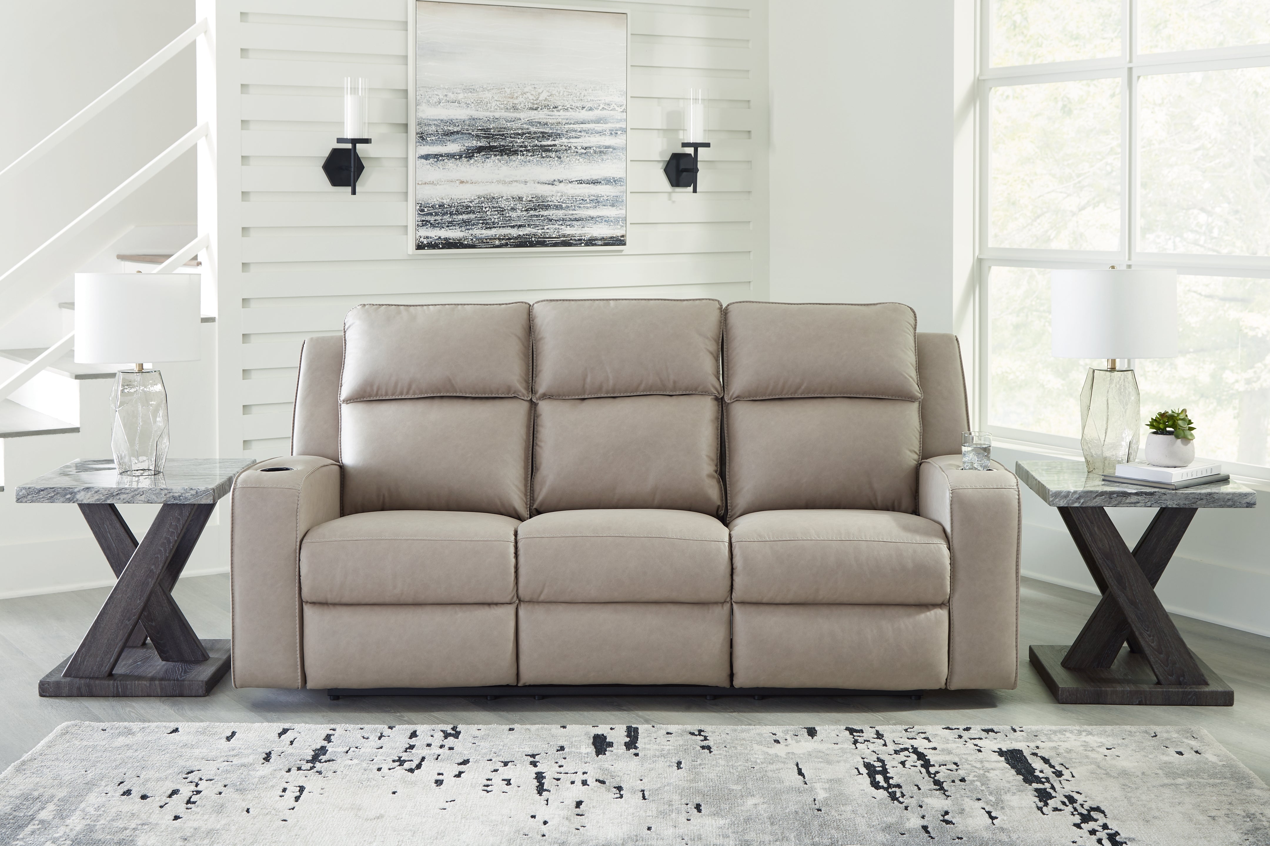 Prime Furniture - Ashley Furniture - Lavenhorne Living Room - REC Sofa w/Drop Down Table / Pebble - 6330789