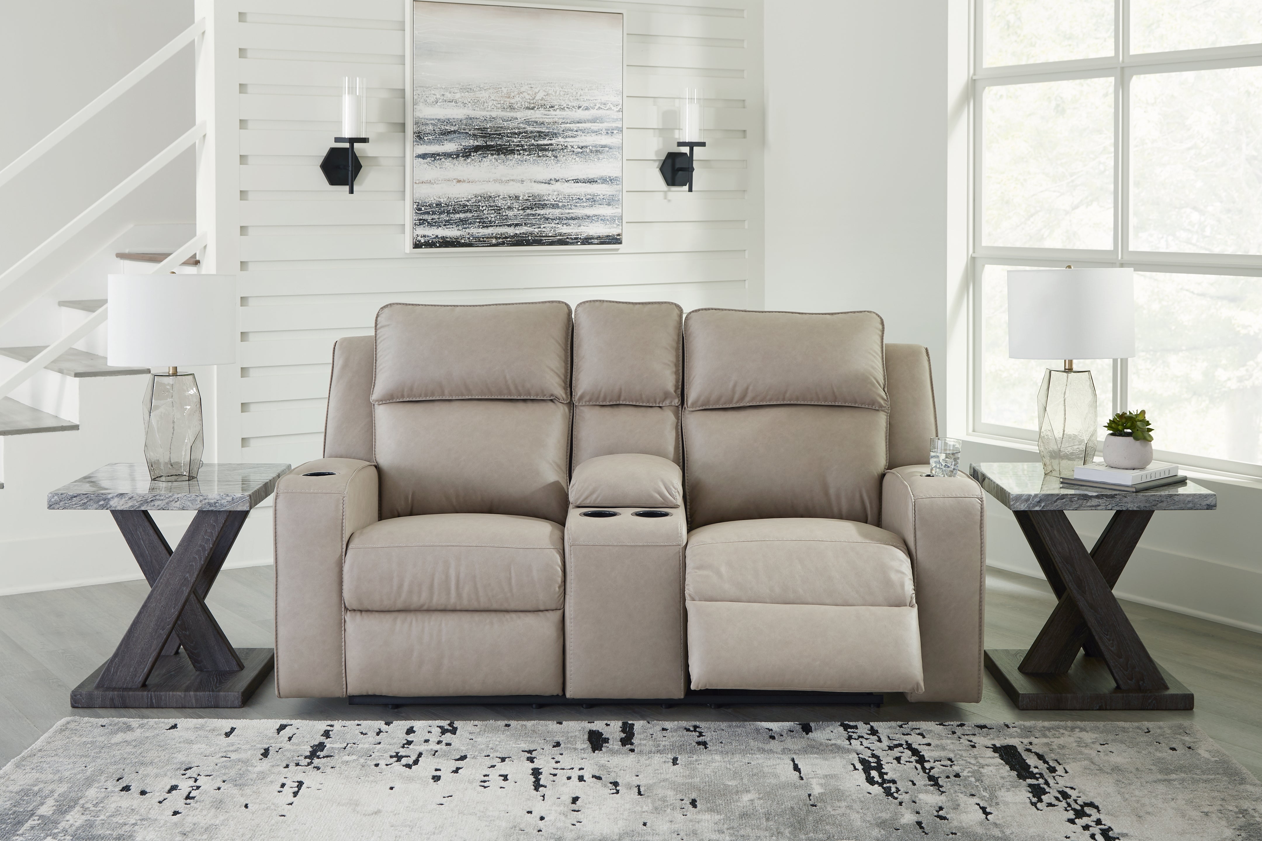 Prime Furniture - Ashley Furniture - Lavenhorne Living Room - DBL Rec Loveseat w/Console / Pebble - 6330794