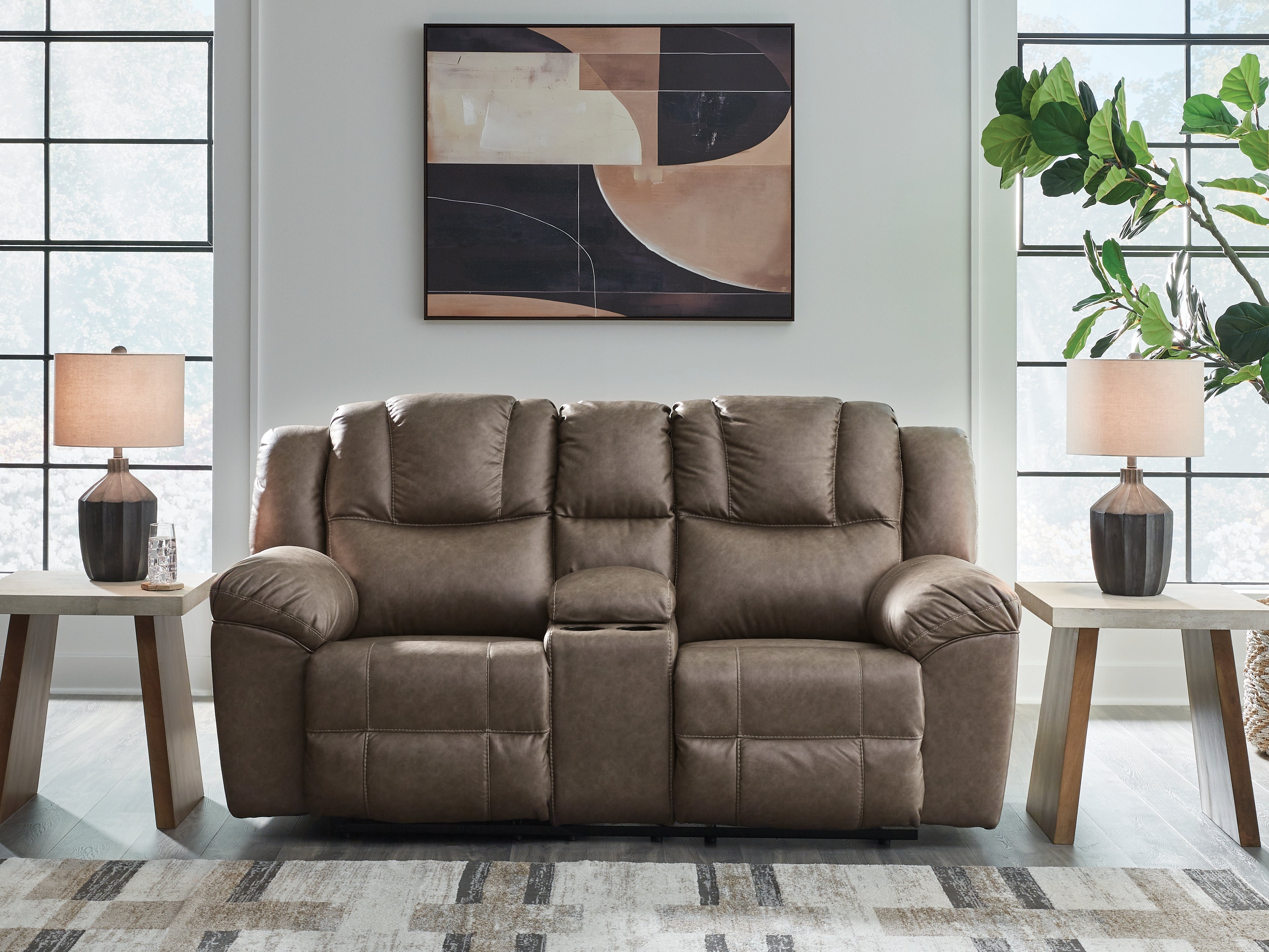 Prime Furniture - Ashley Furniture - Lowilla Living Room - DBL Rec Loveseat w/Console / Driftwood - PC6450694