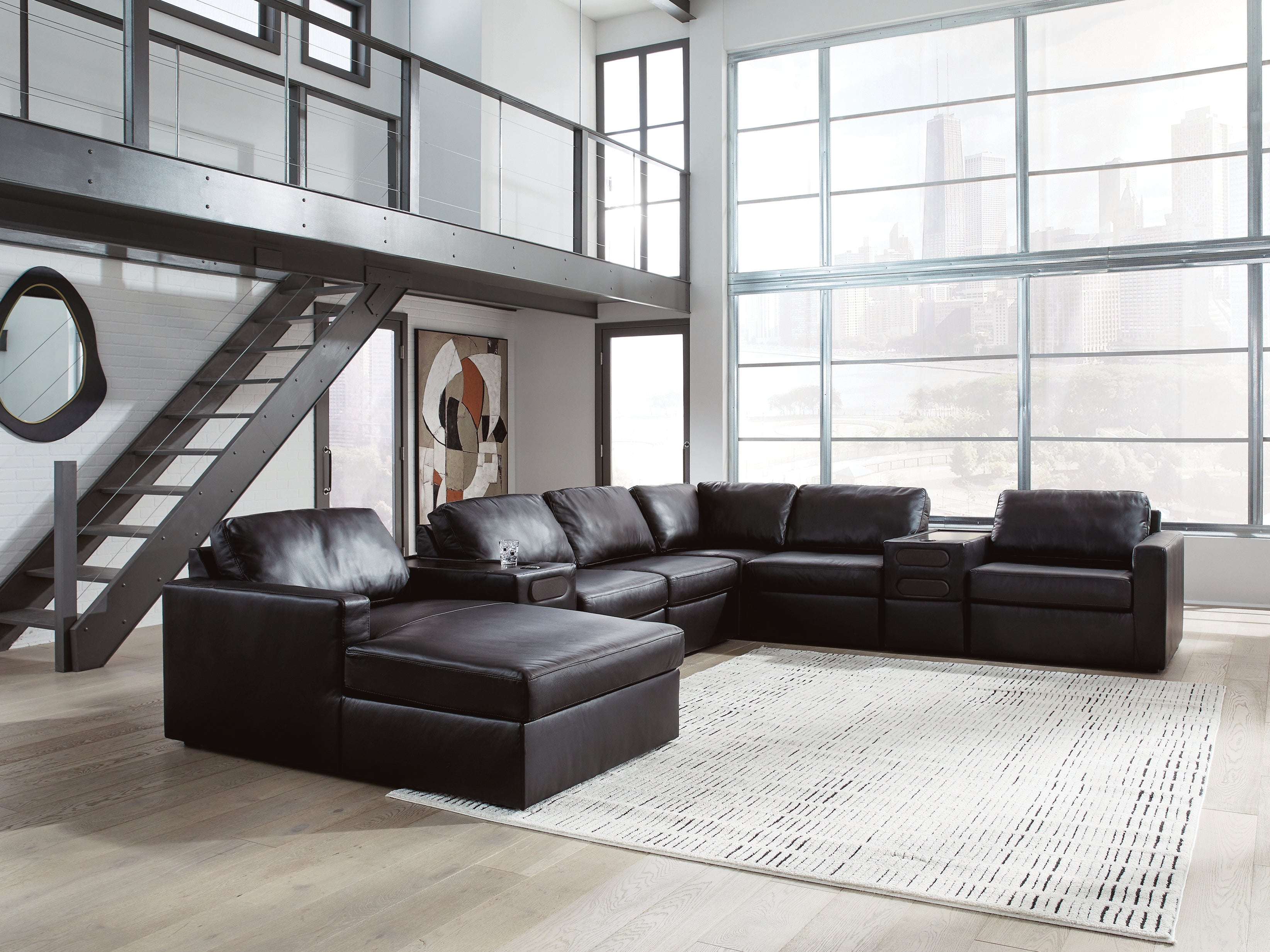 Prime Furniture - Ashley Furniture - ModMax II Sectional - RAF 8-Piece Sectional with Chaise and Audio Consoles / Black - 74305S47