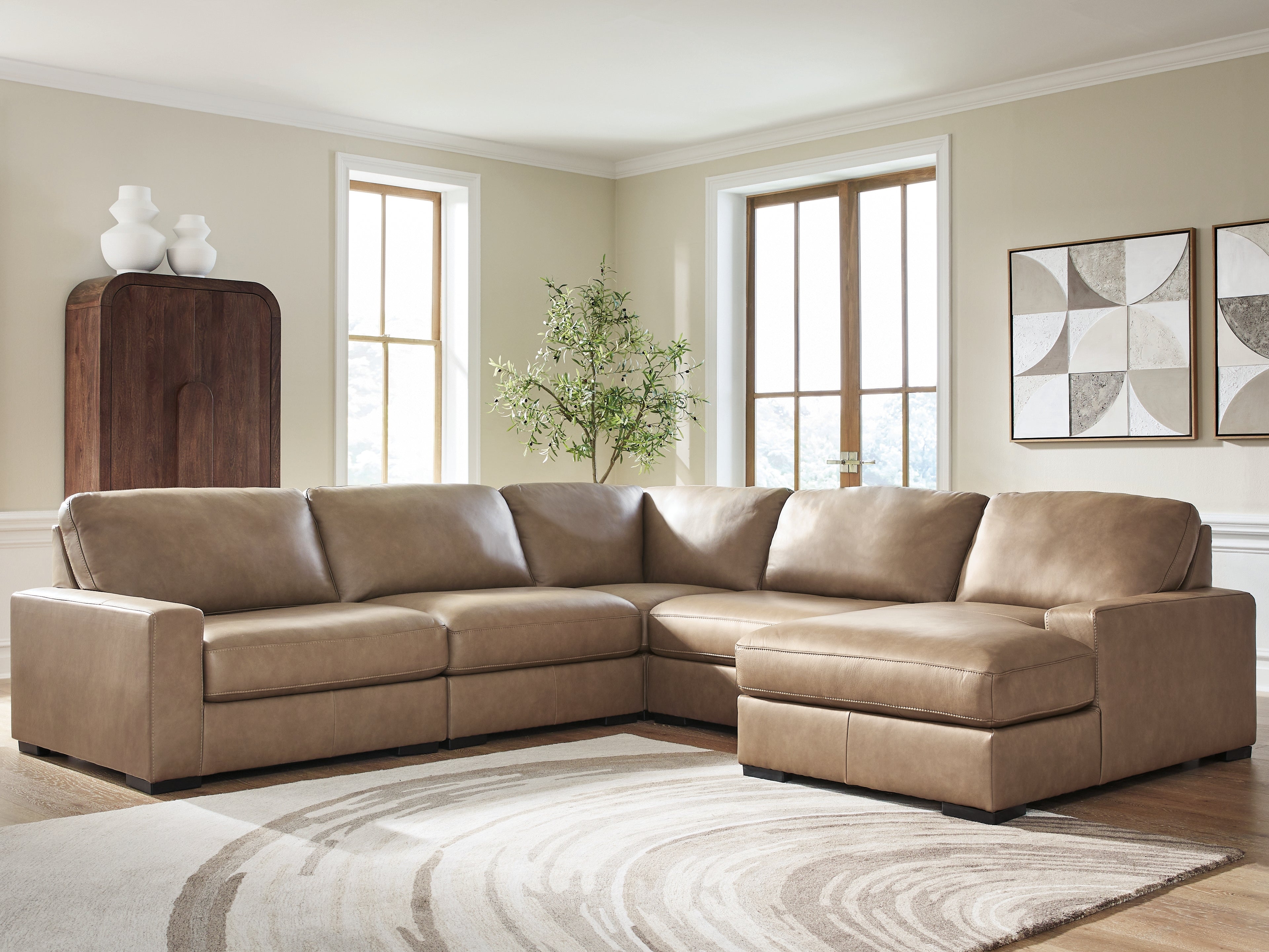 Prime Furniture - Ashley Furniture - Veronella Sectional - RAF 5-Piece Sectional with Chaise / Sahara - 76106S13