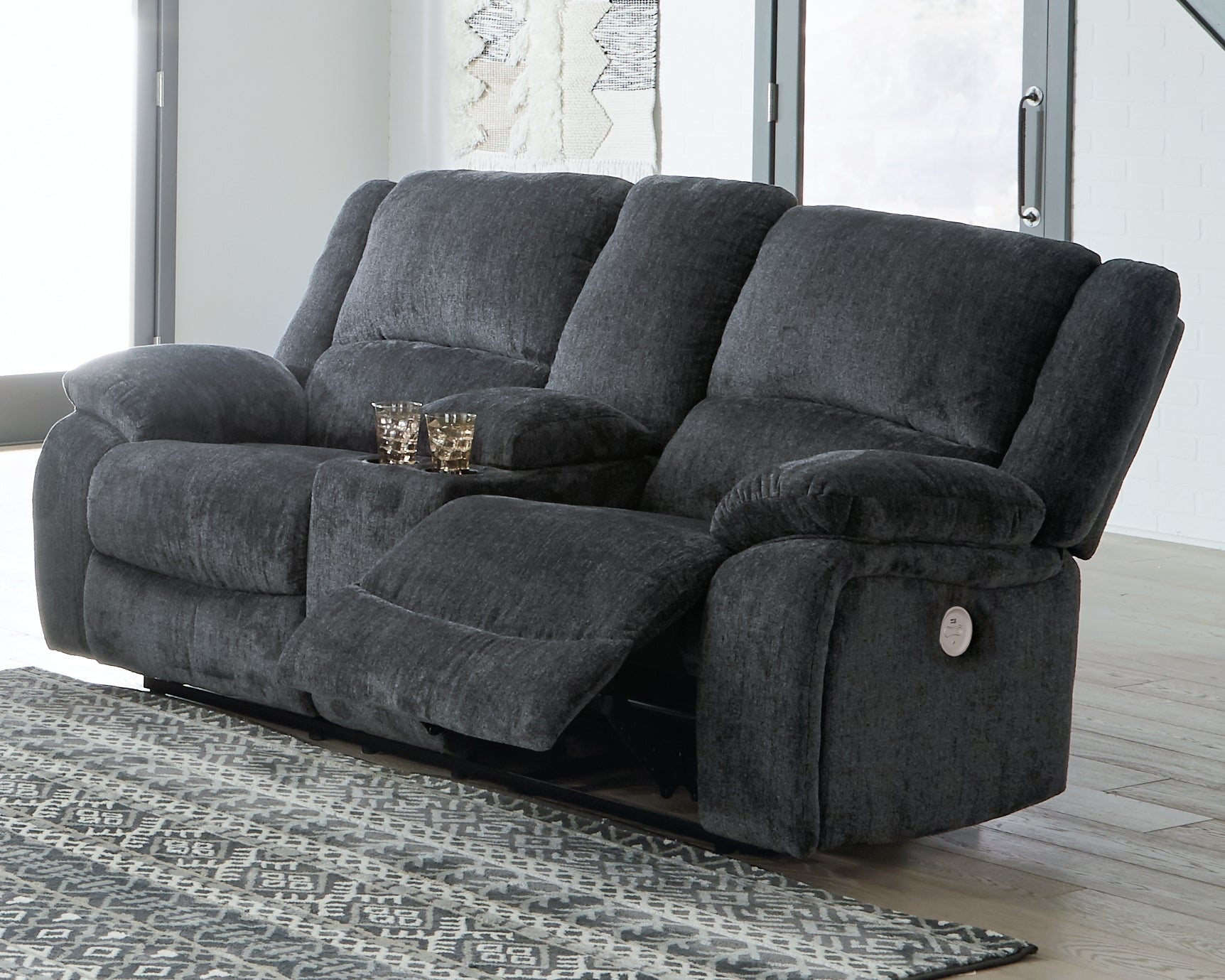 Prime Furniture - Ashley Furniture - Draycoll Living Room - DBL REC PWR Loveseat w/Console / Slate - 7650496